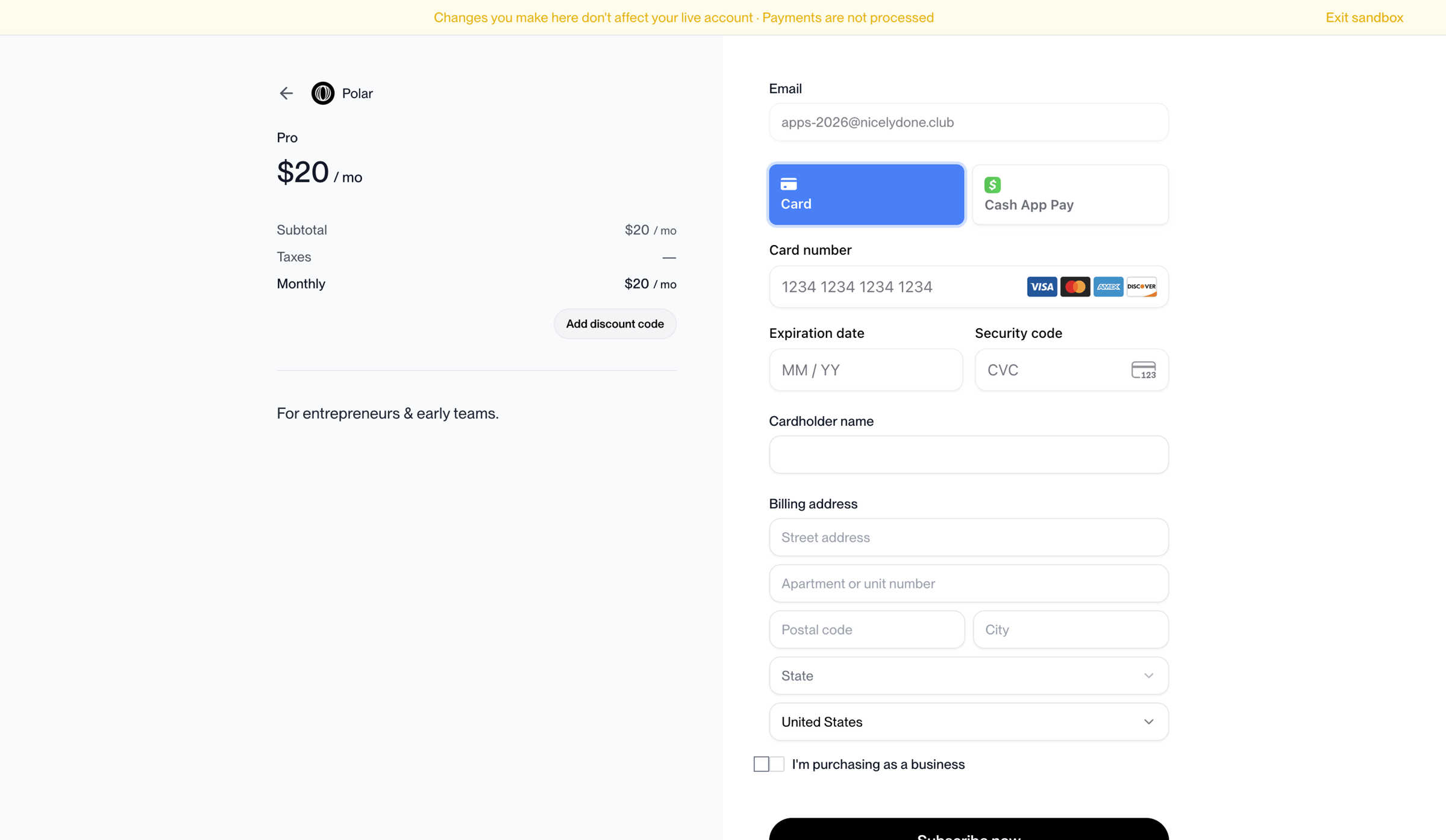 Polar checkout with a gray Pro summary, a white payment form, Card selected, and a yellow sandbox banner.
