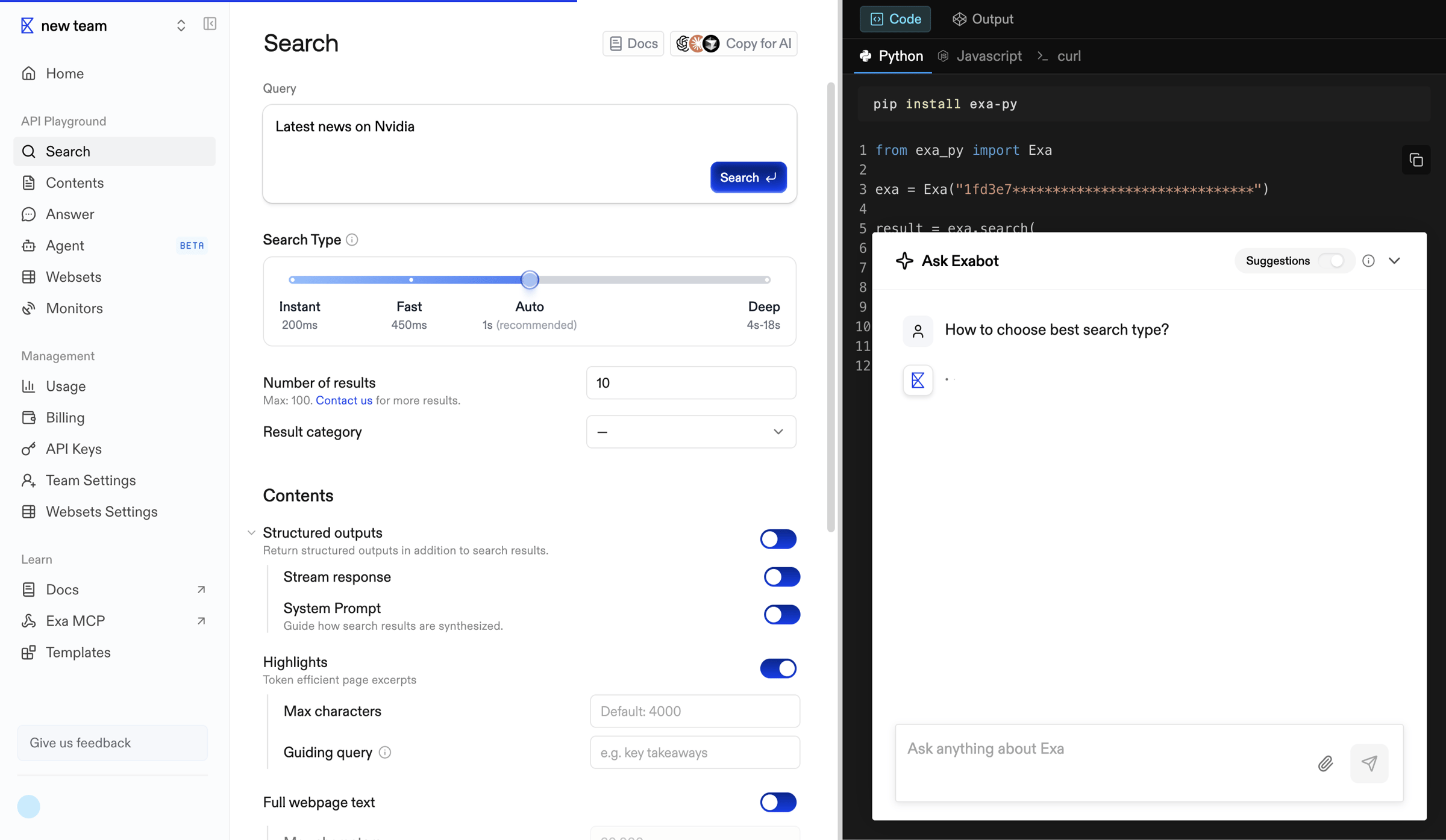 Exa - Playground | Exa API screen
