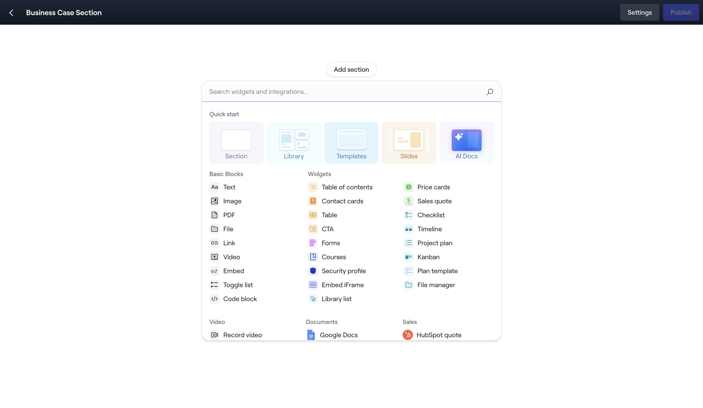 Dock - Editing: Business Case Section screen