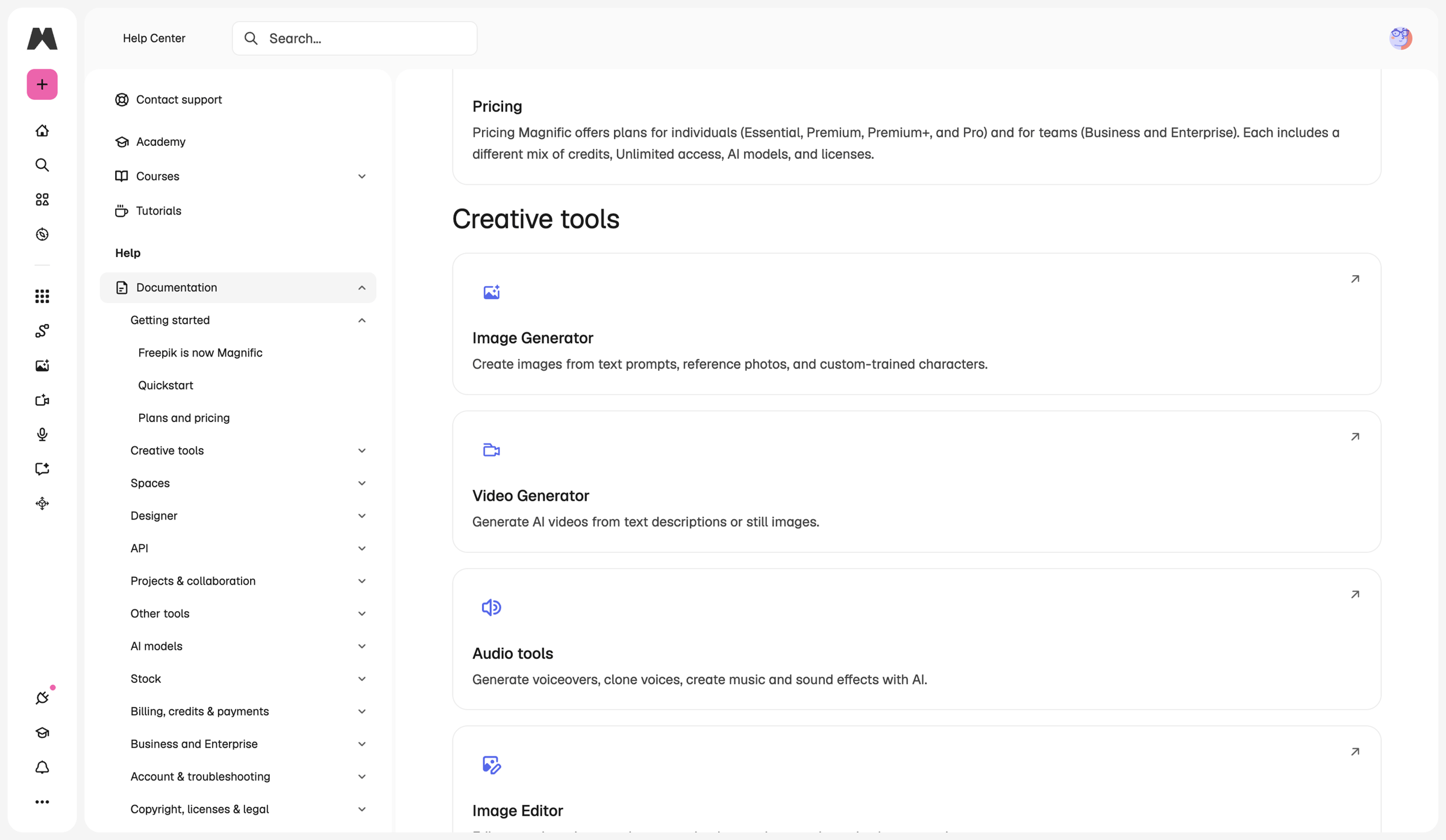 Magnific - Welcome to the Magnific Help Center | AI Suite Documentation screen