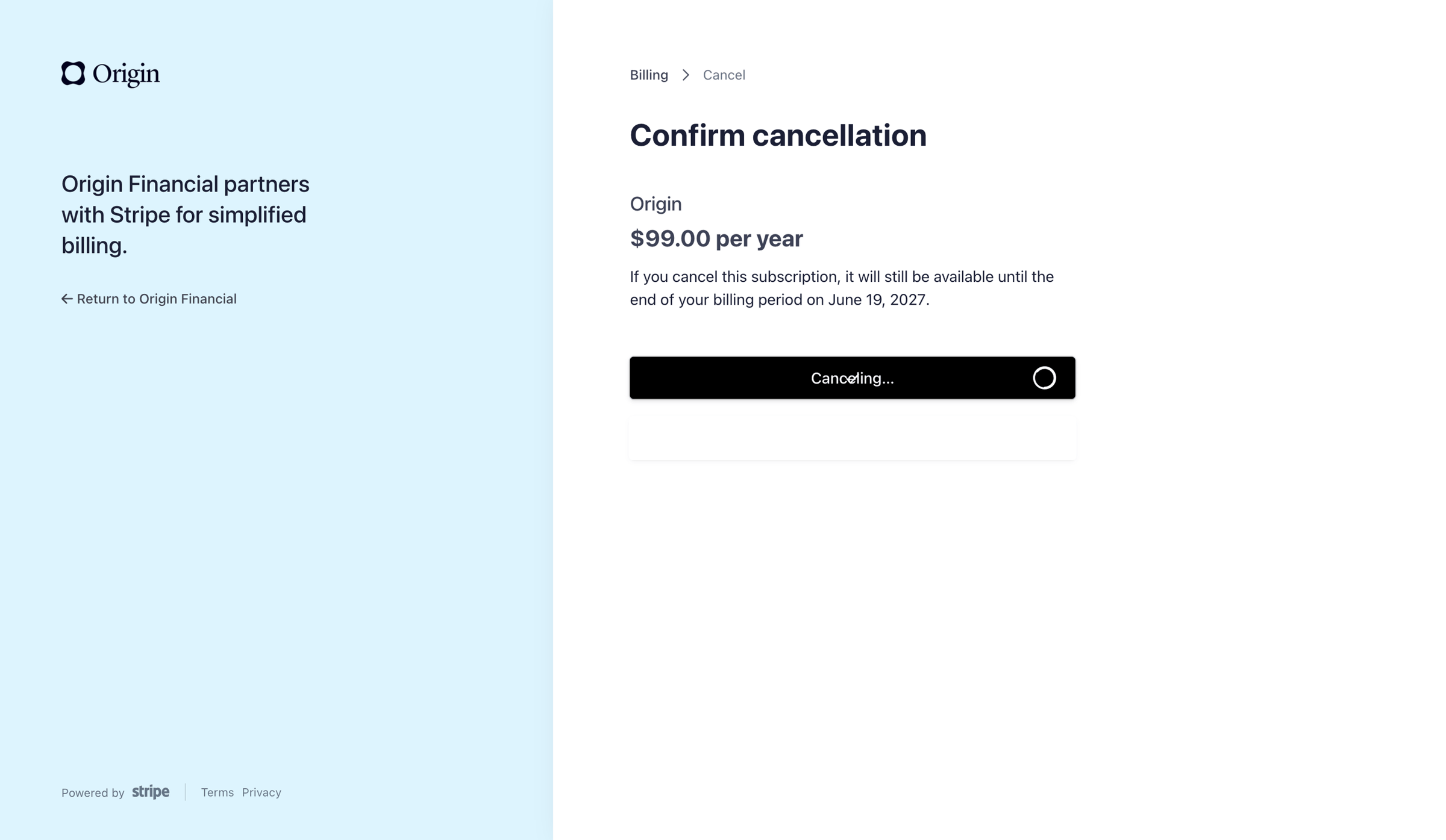 Origin Financial - Cancel subscription | Origin Financial Billing screen
