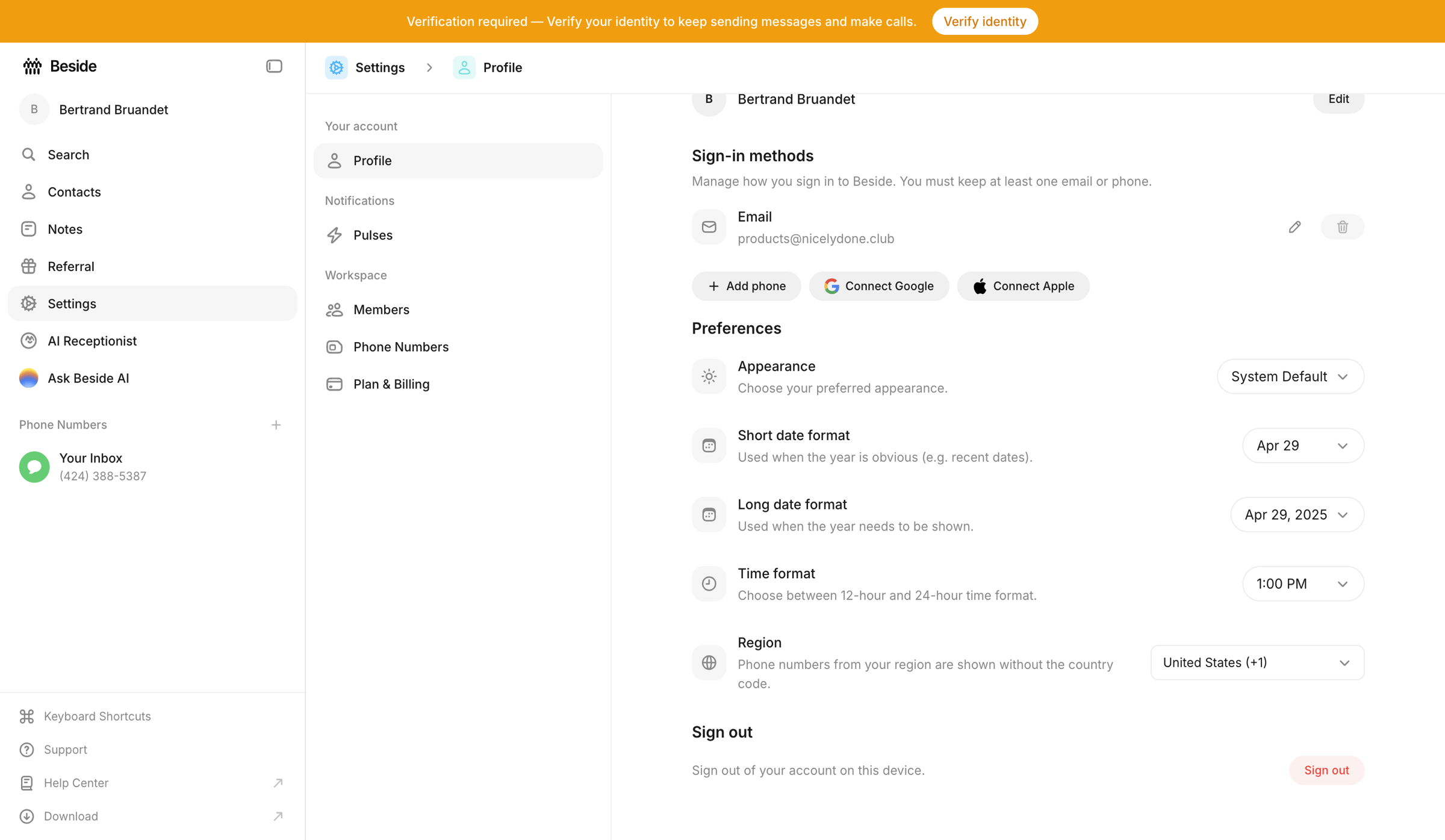 Beside - Profile - Settings - Beside screen