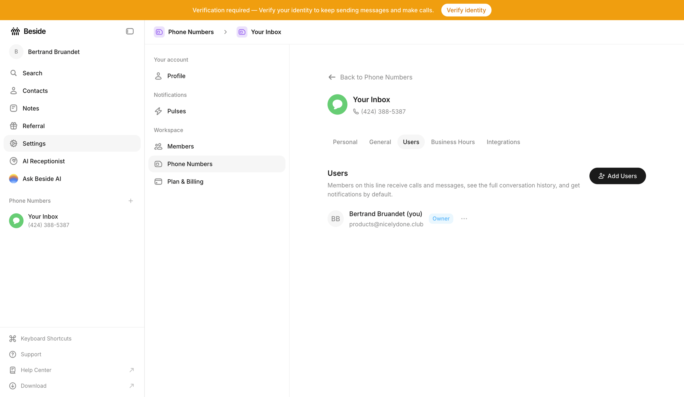 Beside - Your Inbox - Phone Numbers - Beside screen