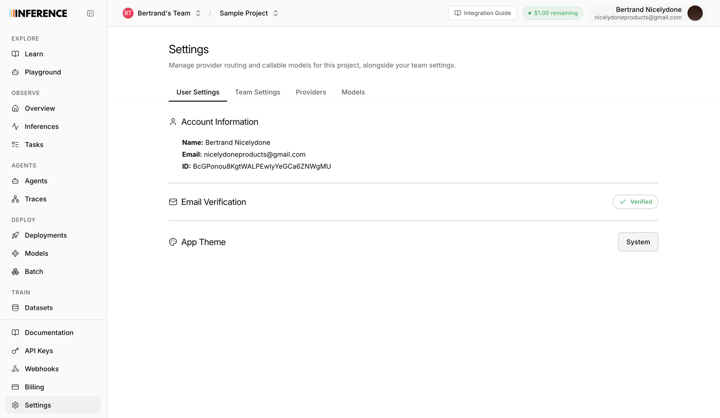 Inference - Settings | inference.net screen