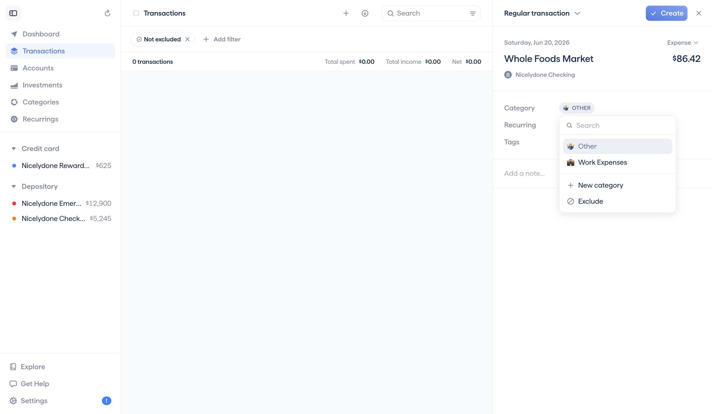 Copilot - Copilot Money | Create Transaction screen