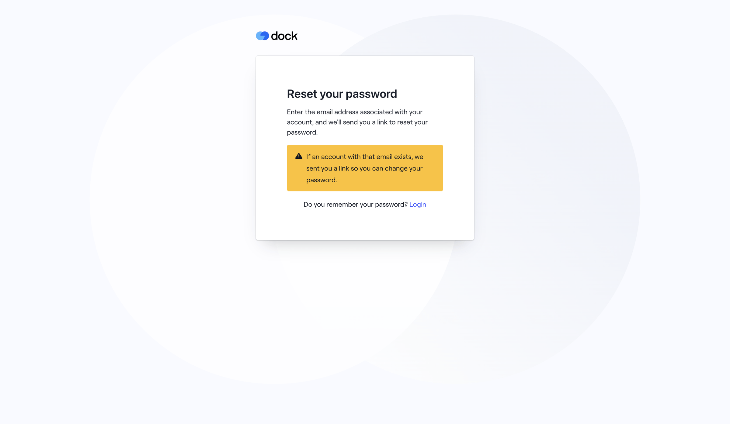 Dock - Forgot password · Dock screen