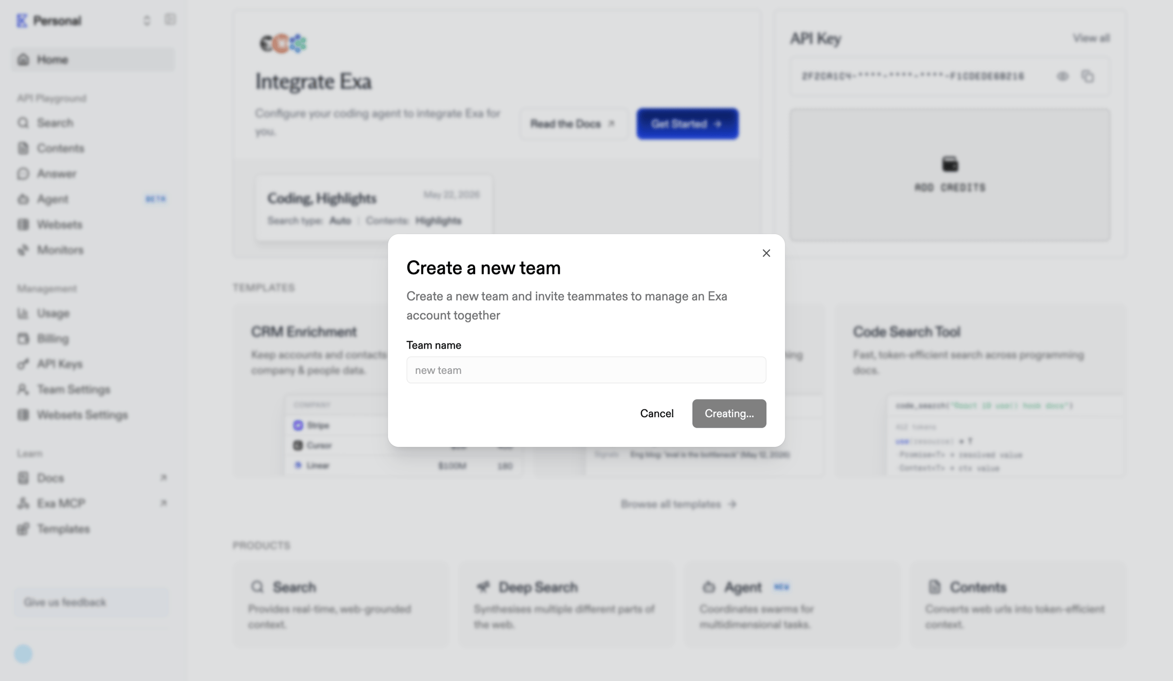 Exa - Home | Exa API screen