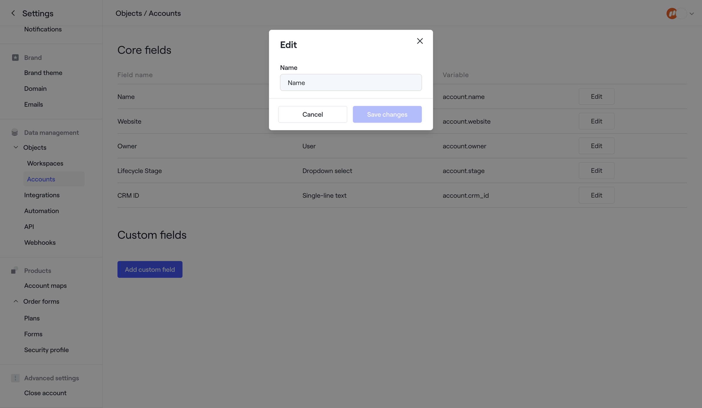 Objects · Accounts · Dock from Dock