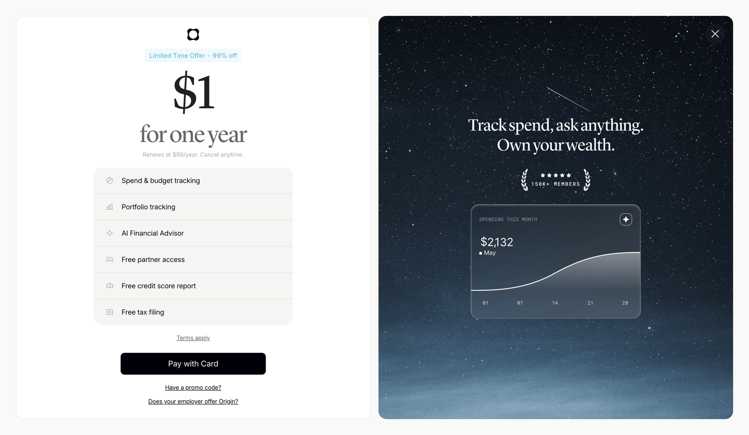 Origin Financial screen