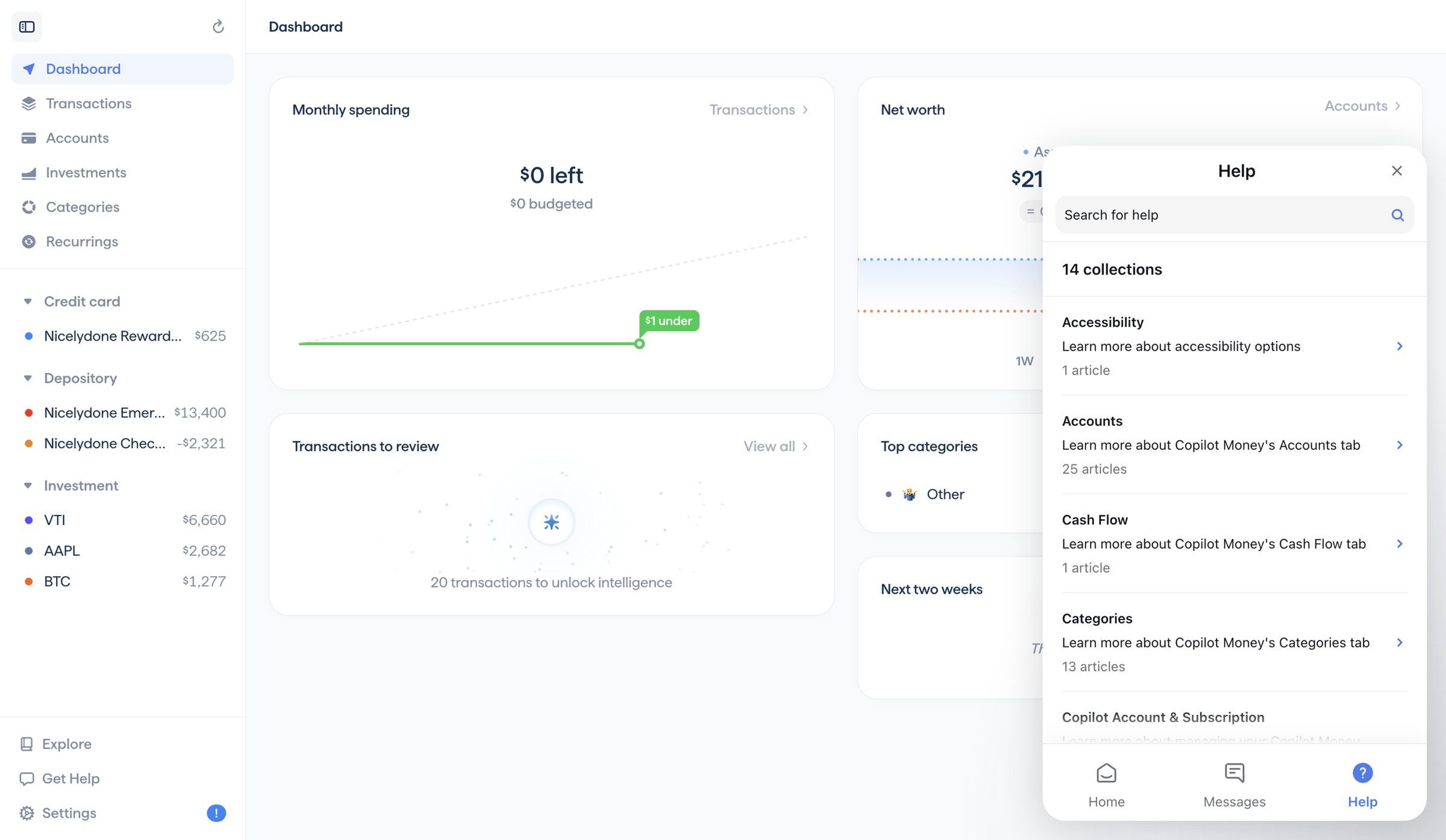 Copilot - Copilot Money | Dashboard screen