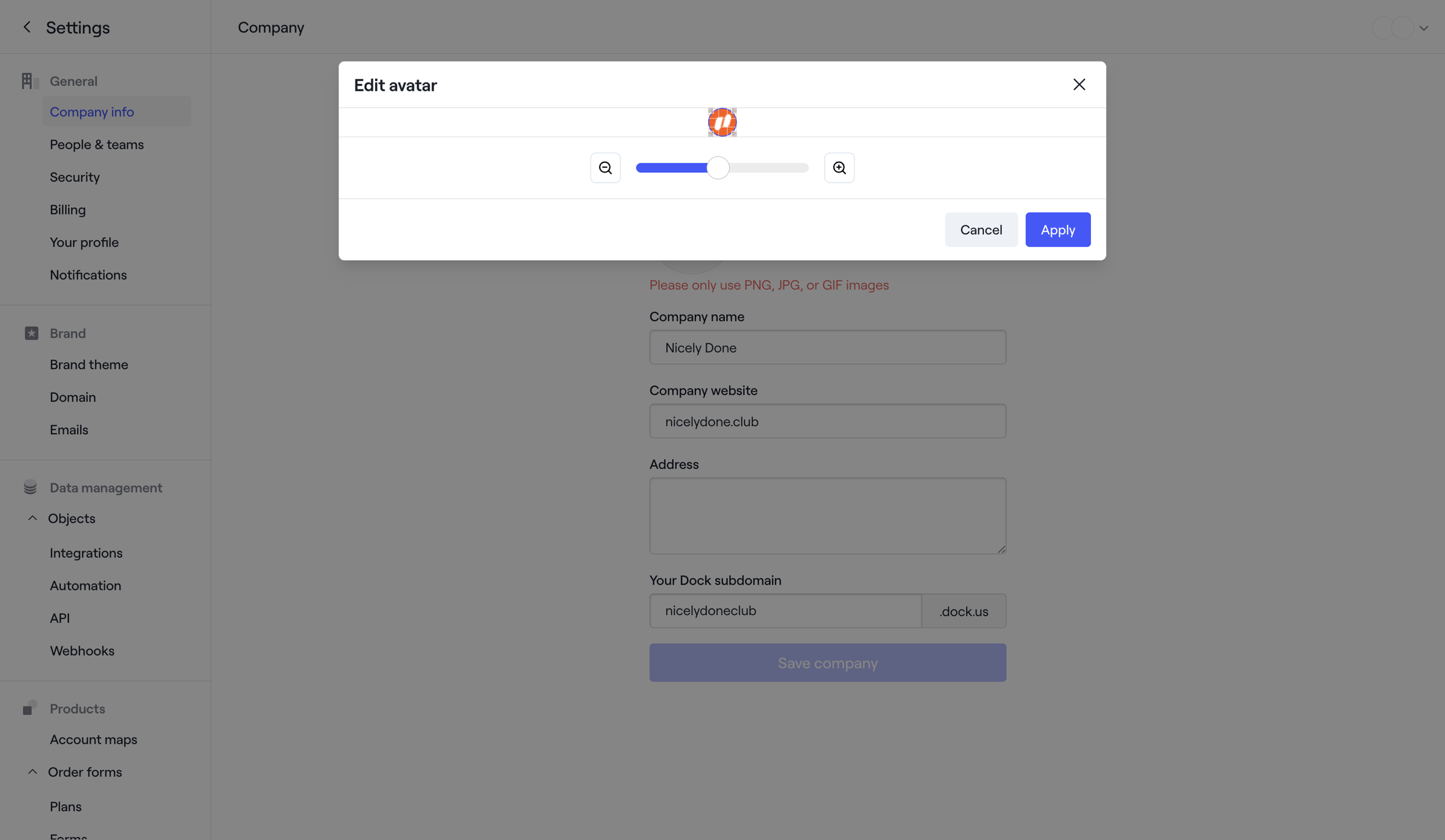 Dock - Dock · Settings screen