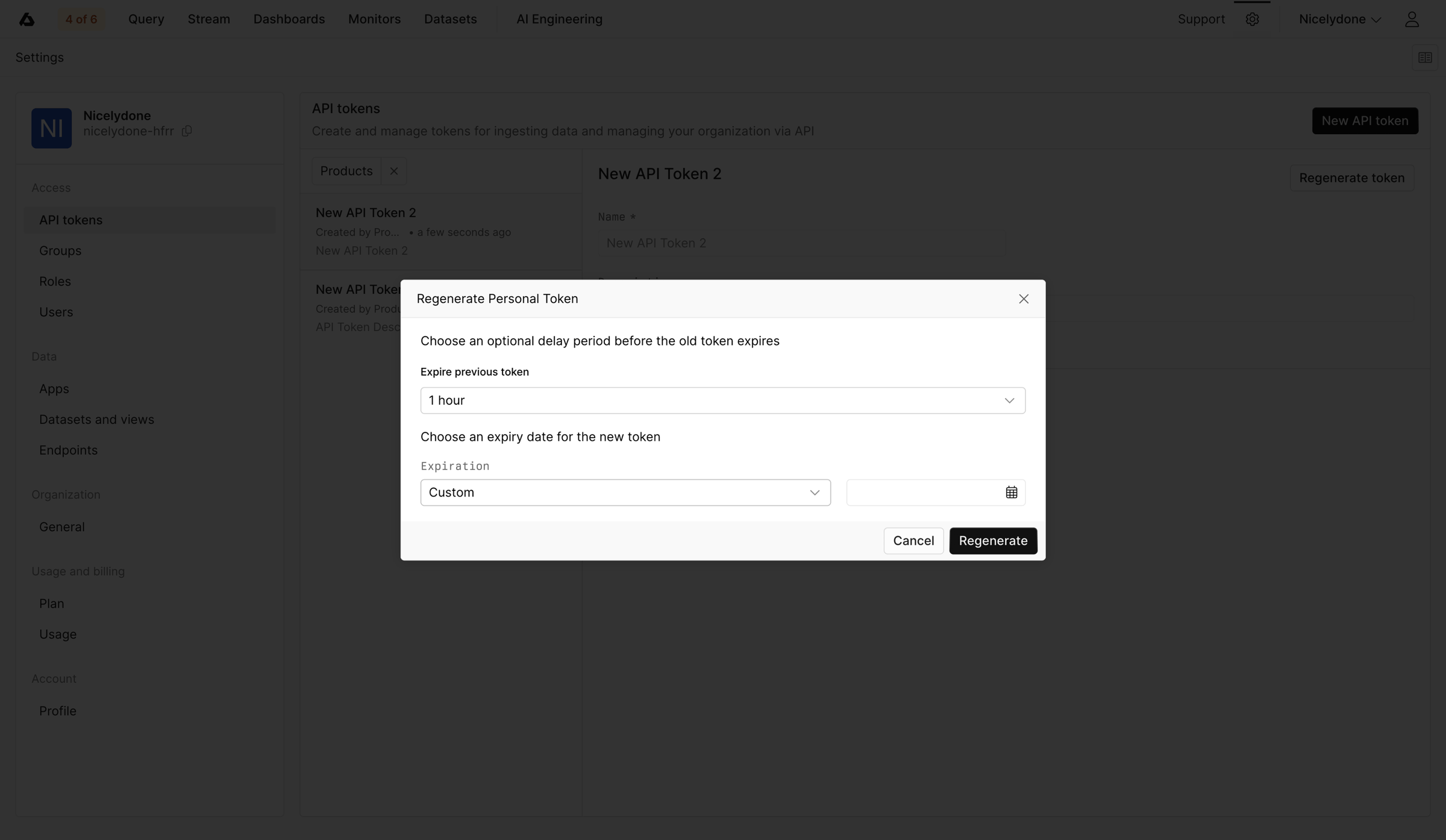 Axiom - API Tokens - Settings - Axiom screen