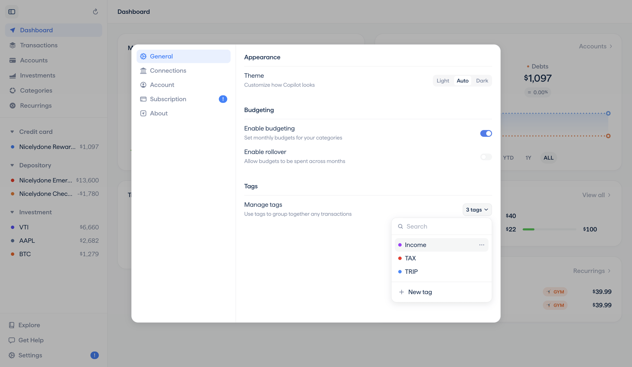 Copilot - Copilot Money | Dashboard screen