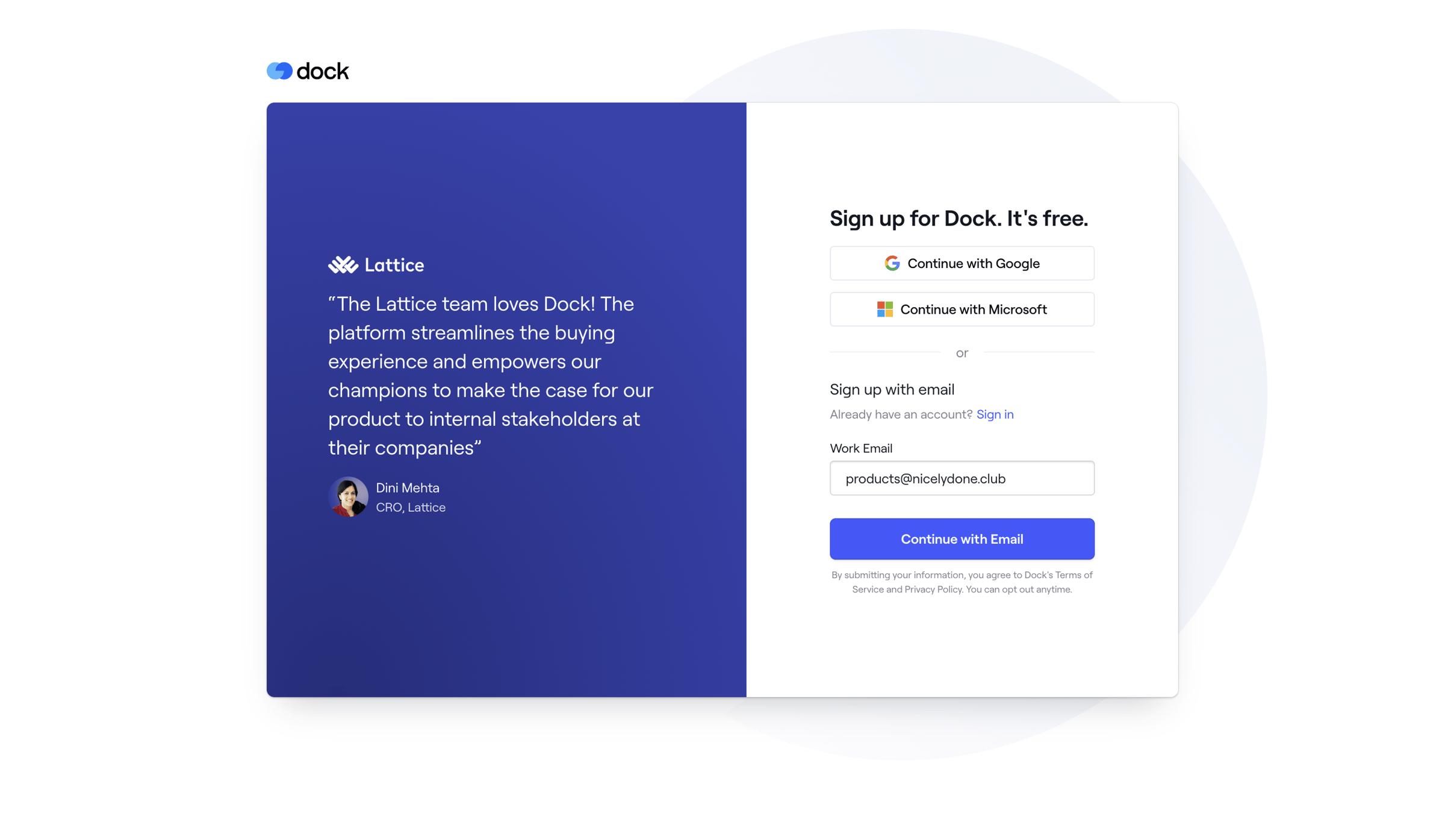 Dock - Sign up · Dock screen