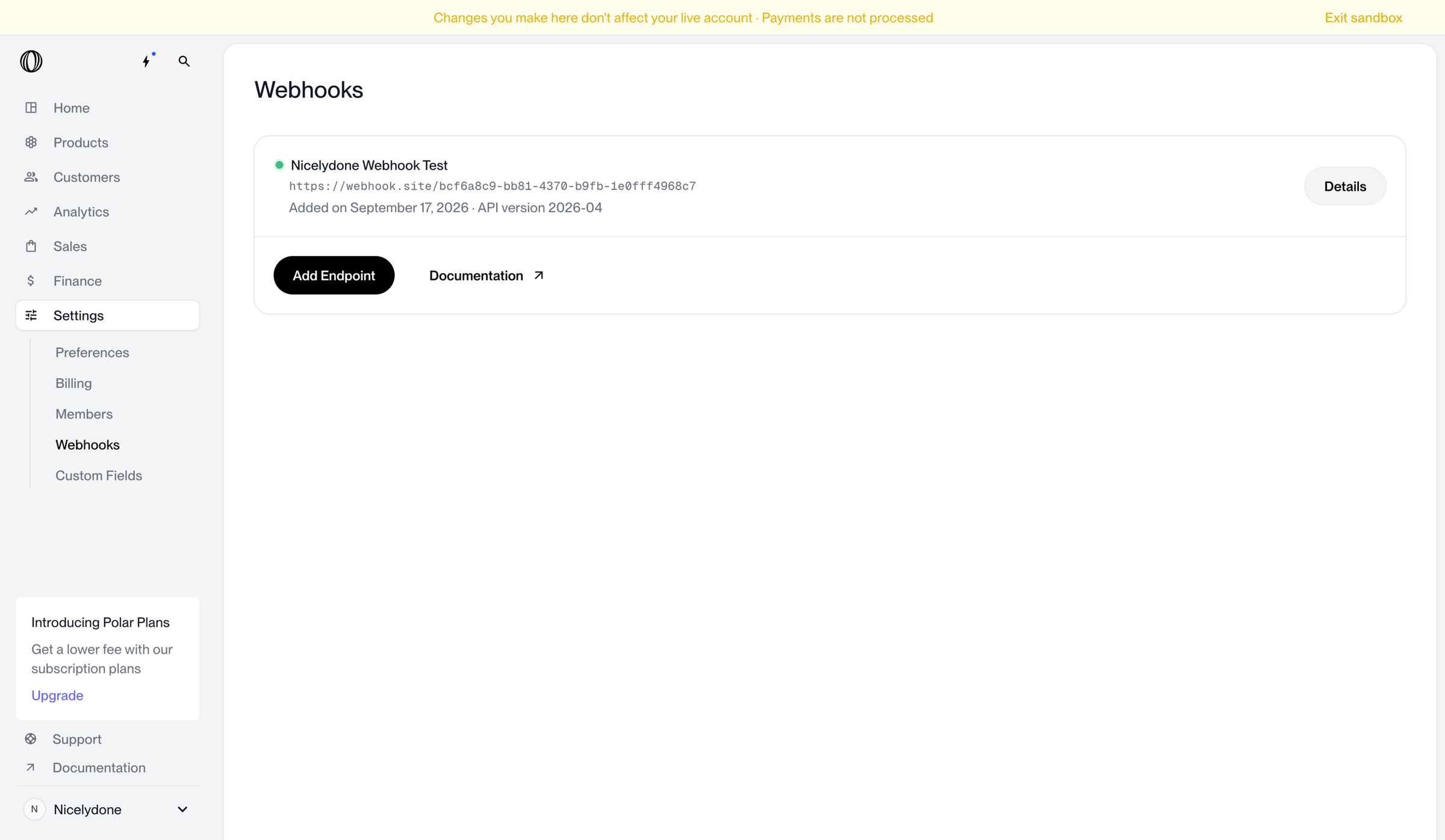 Polar - Webhooks | Nicelydone | Polar screen