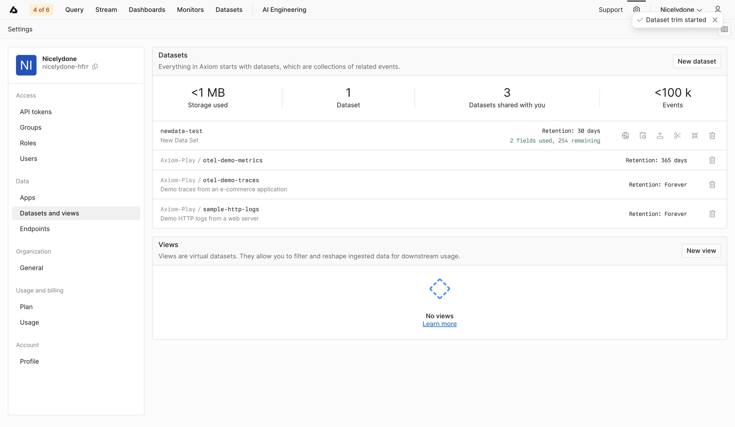 Axiom - Datasets and Views - Settings - Axiom screen