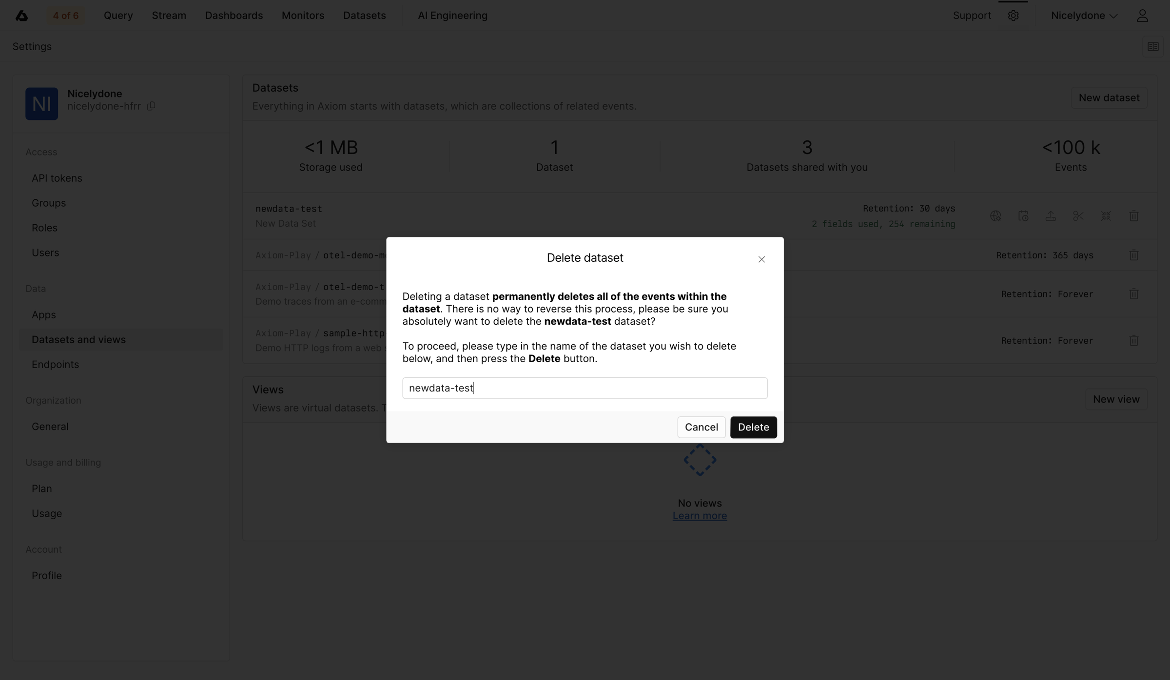 Axiom - Datasets and Views - Settings - Axiom screen