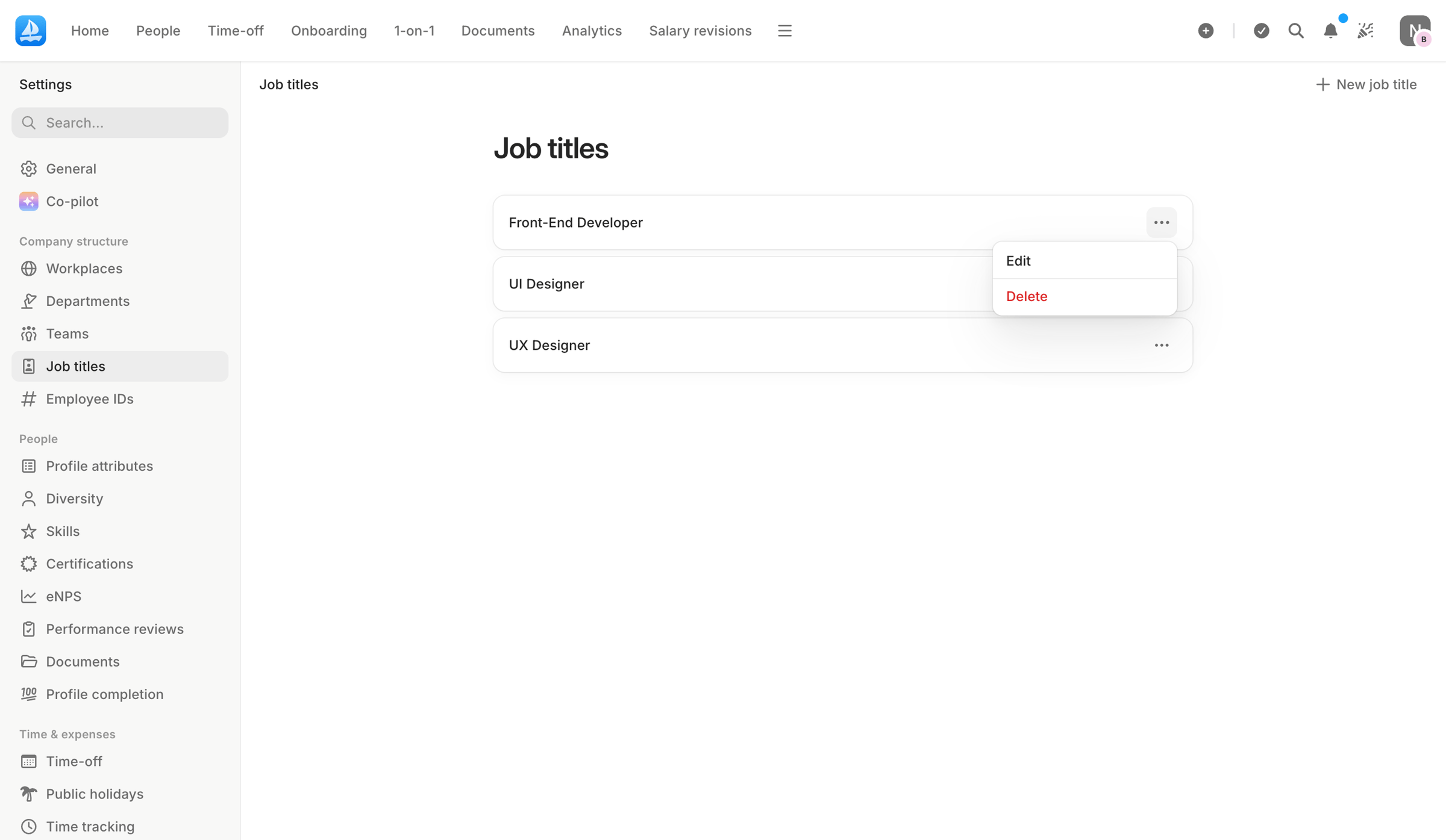 Aboard - Job titles | Settings | Aboard screen