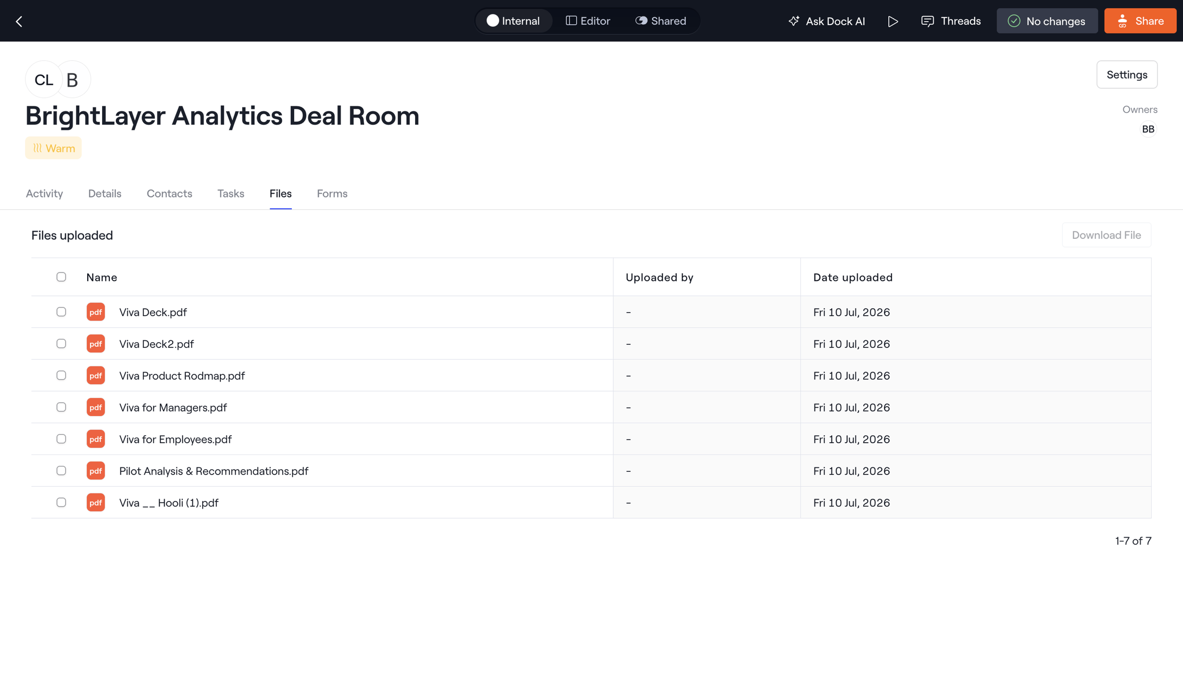 Dock - Internal · BrightLayer Analytics Deal Room screen