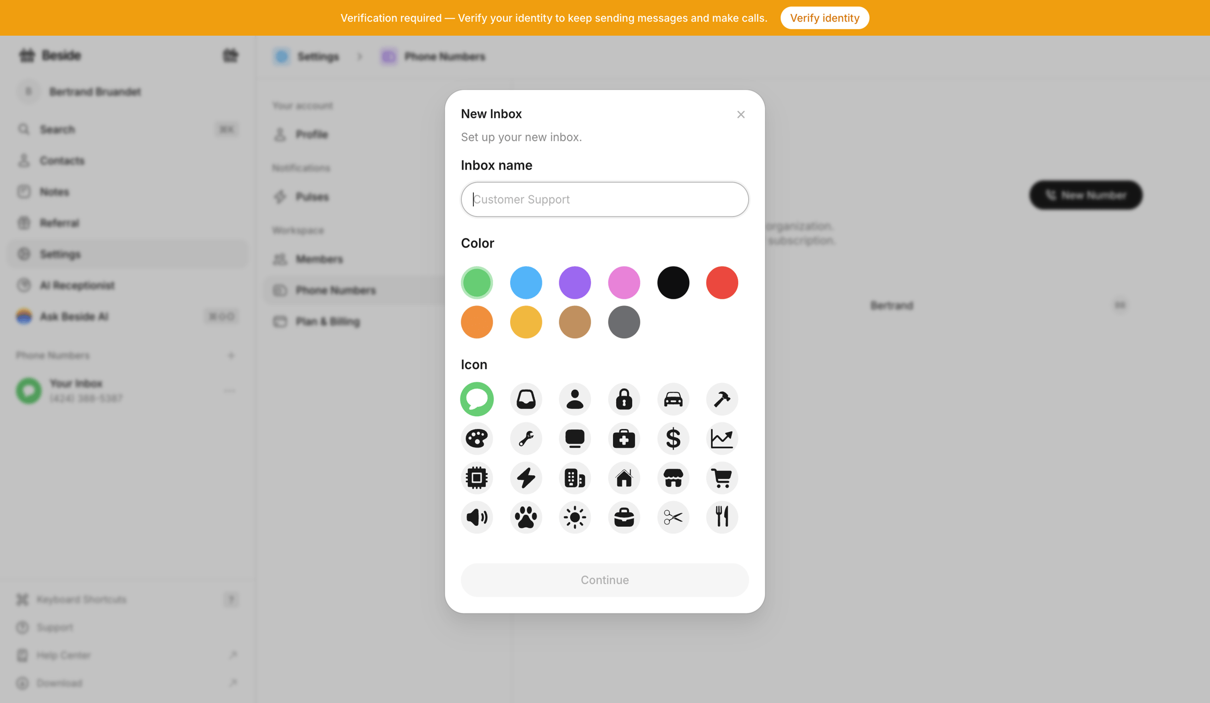 Beside - Phone Numbers - Settings - Beside screen