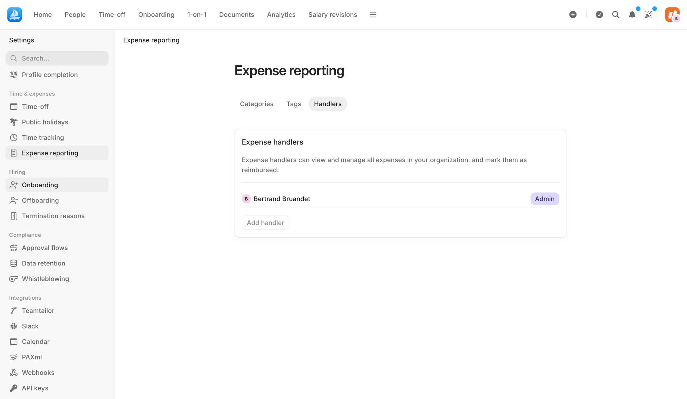 Aboard - Expense handlers | Settings | Aboard screen