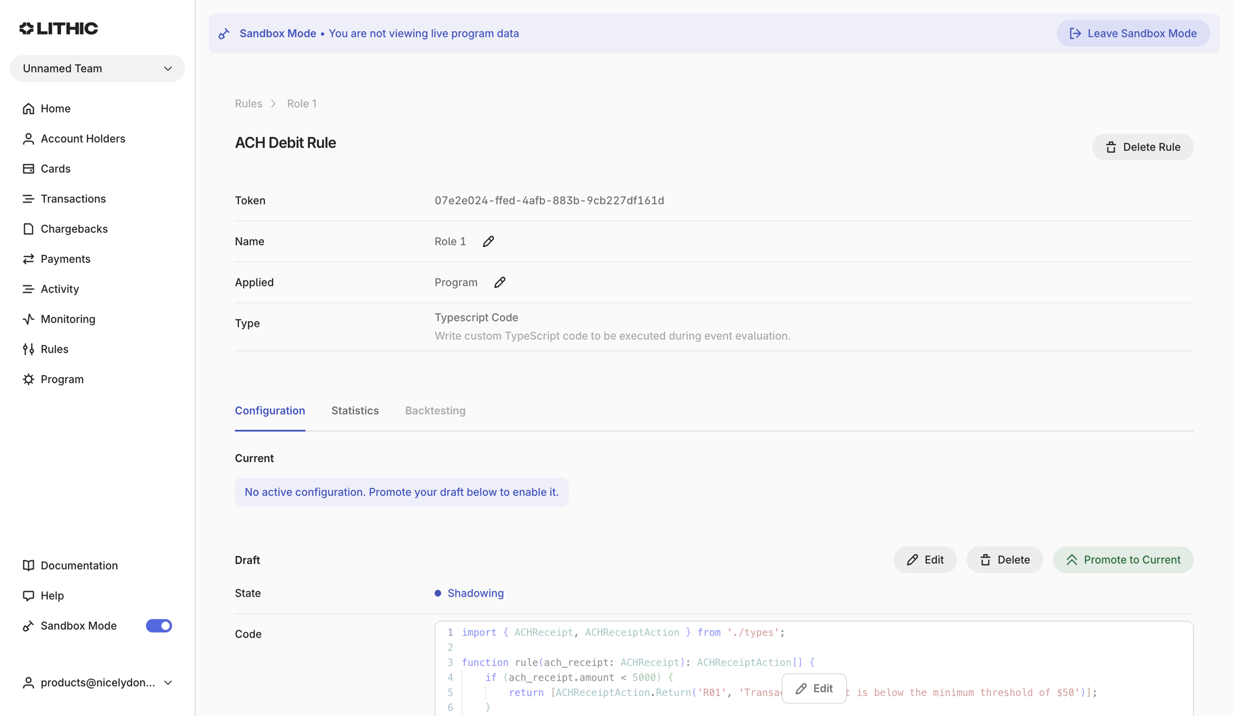 Lithic - Lithic - Create ACH Debit Rule screen