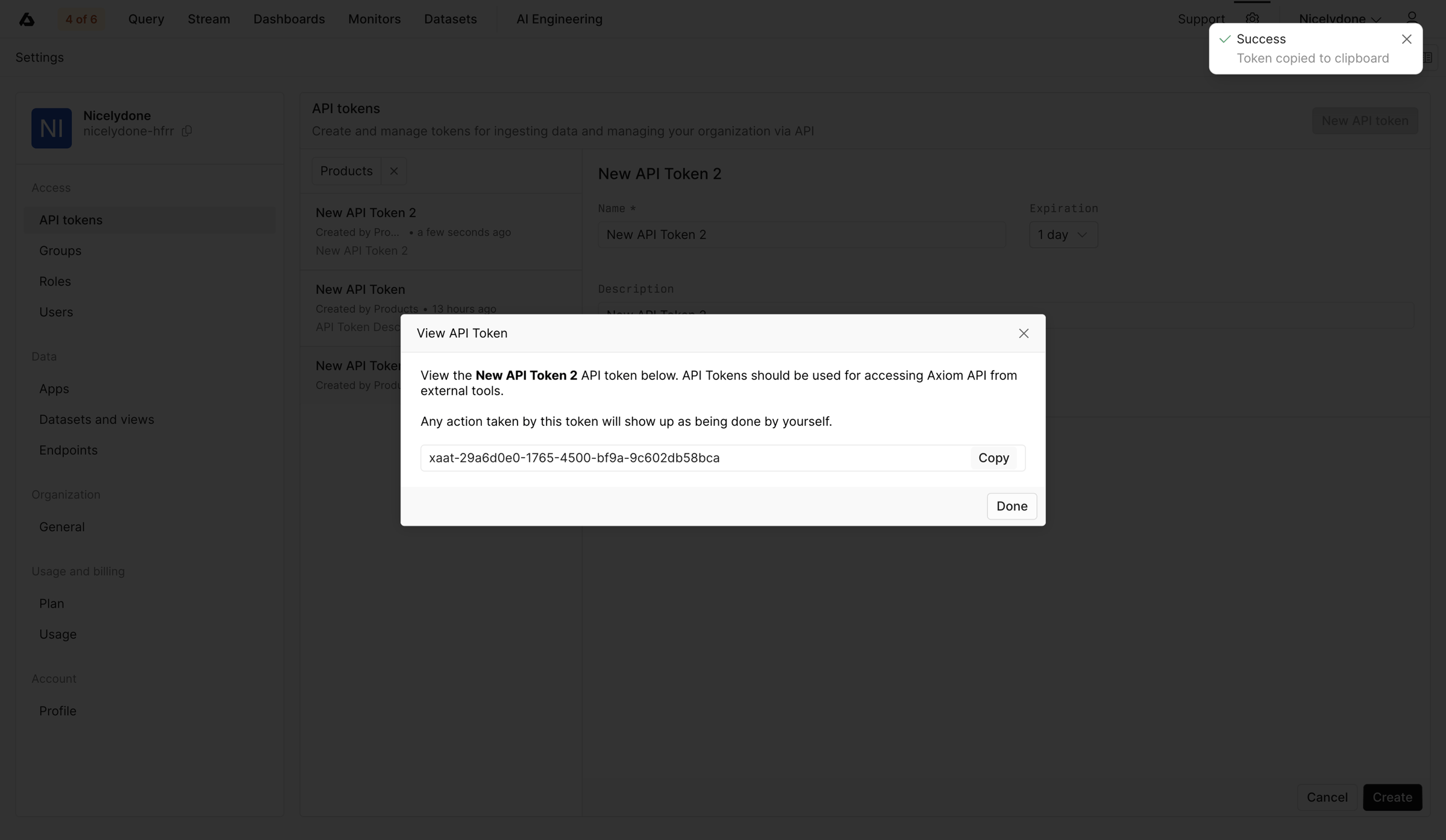 Axiom - API Tokens - Settings - Axiom screen