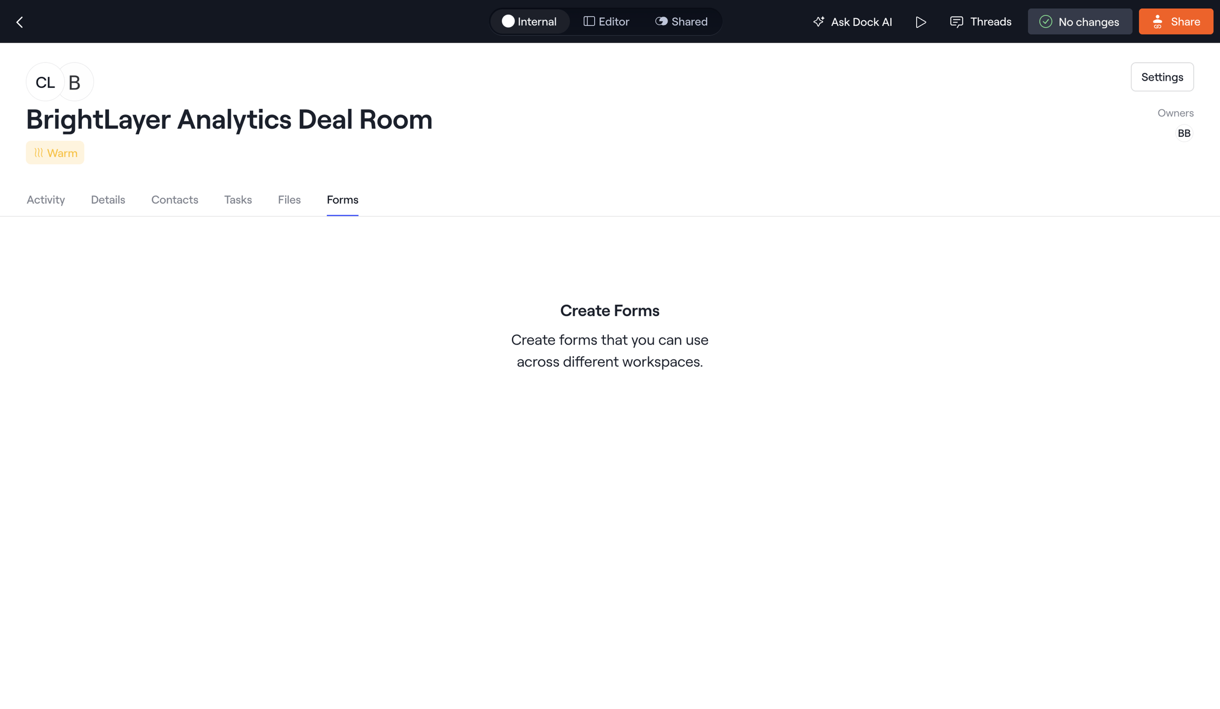 Dock - Internal · BrightLayer Analytics Deal Room screen