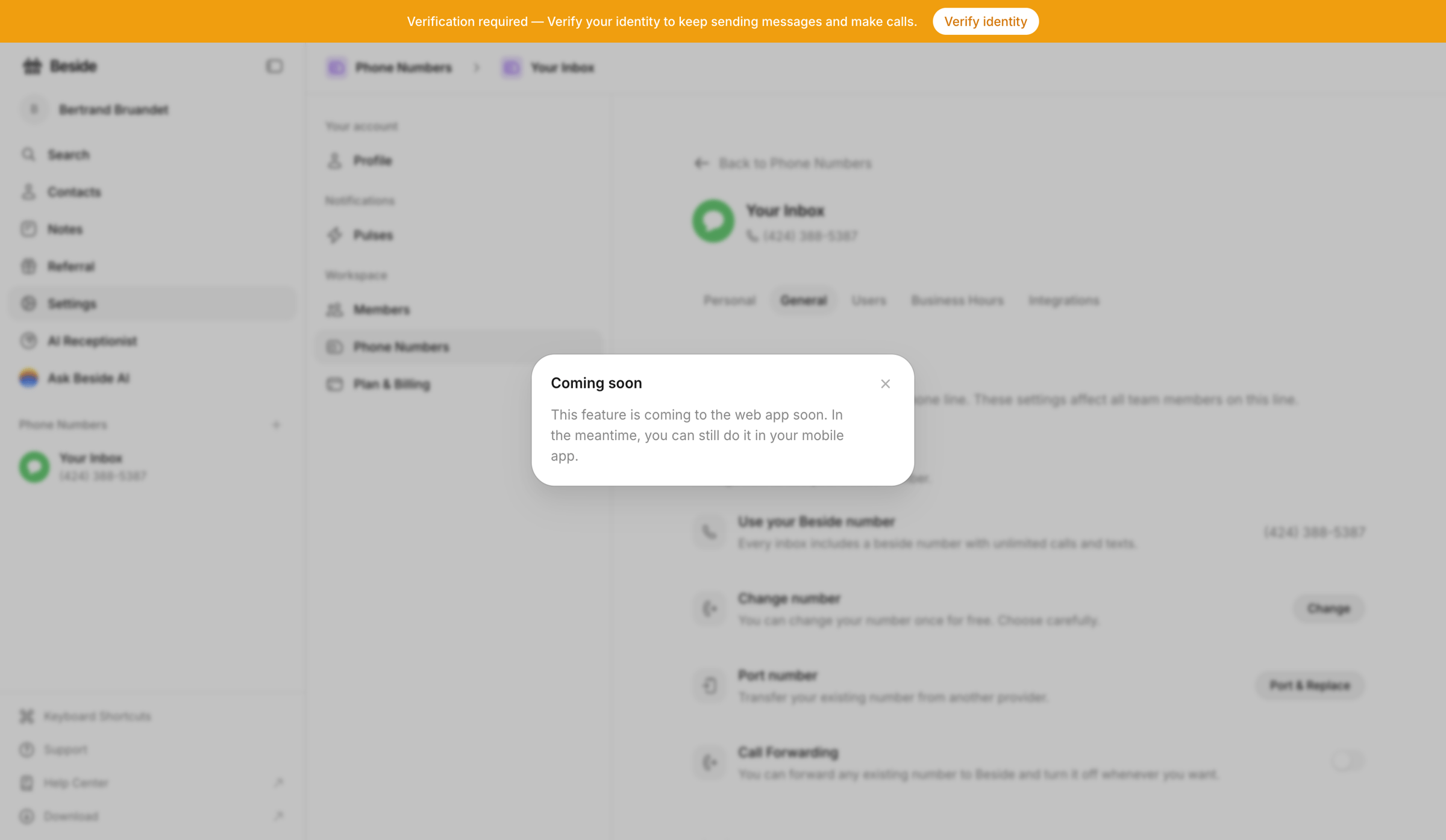 Beside - Phone Numbers - Settings - Beside screen