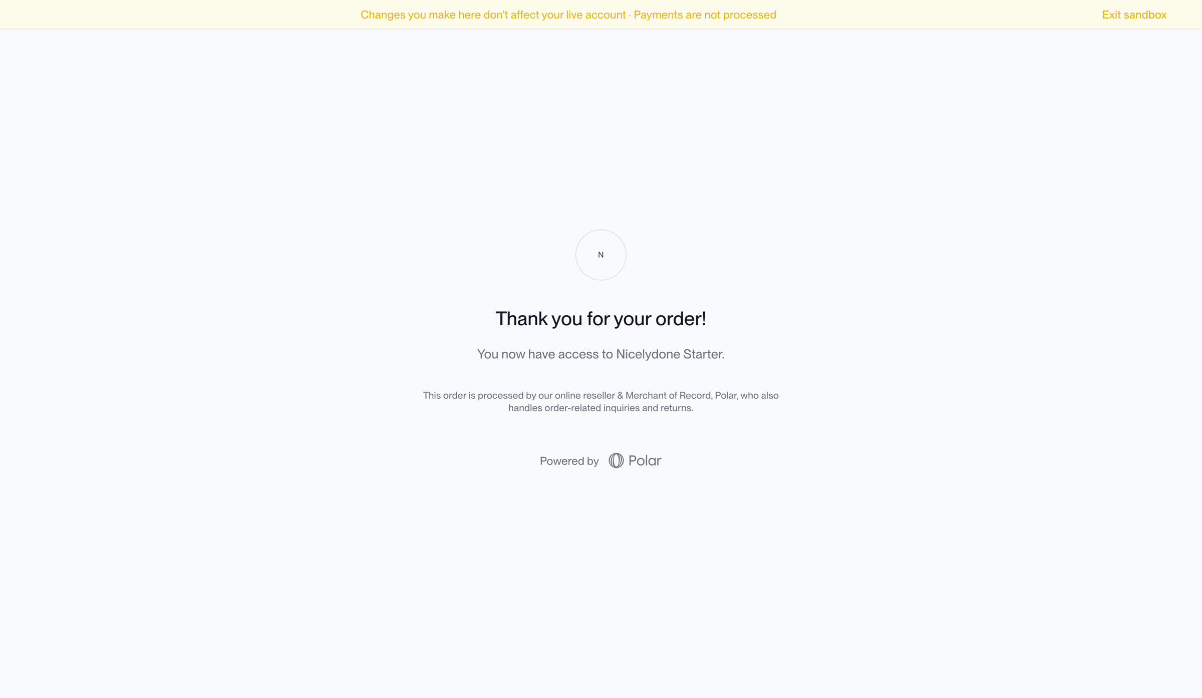 Polar - sandbox.polar.sh/checkout/polar_c_Mh0c61pmxDIOZGznak12US6Hyuqfq5RcfhCff03ePRp/confirmation?customer_session_token=polar_cst_FRkUnFK8RsxqLWVXL07Ypm9b8y88hUvtZrsAP3038ig screen