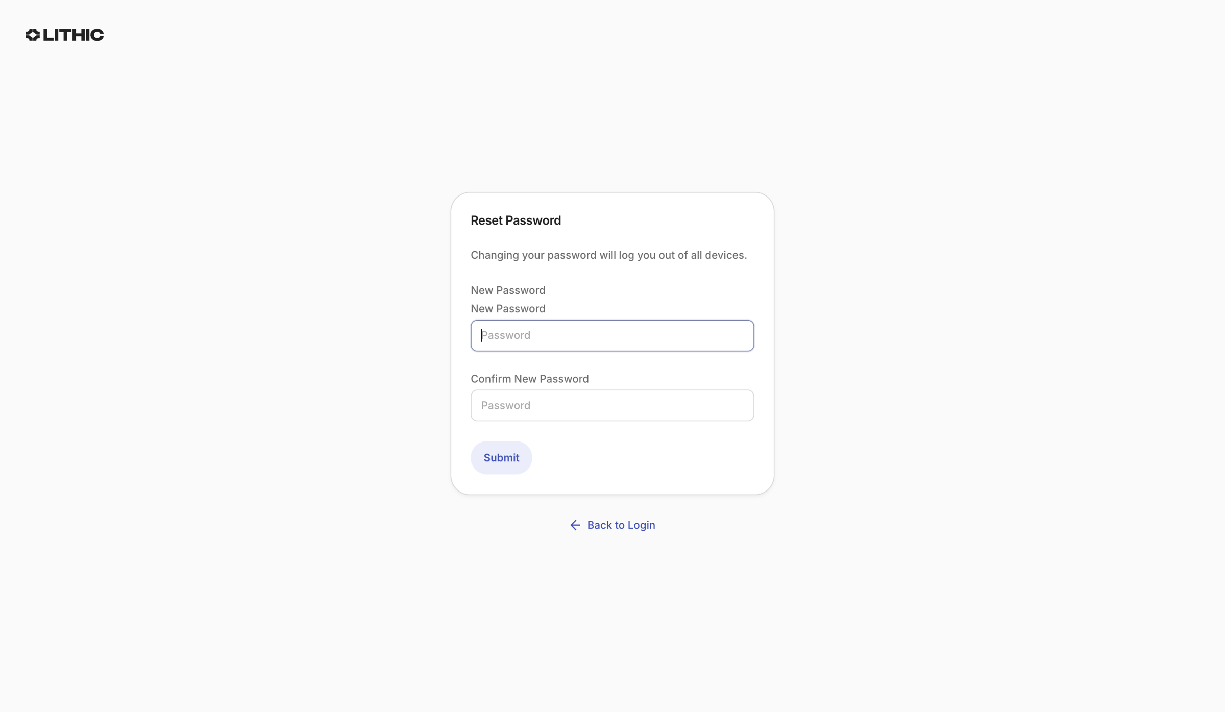 Lithic - Lithic - Reset Password screen