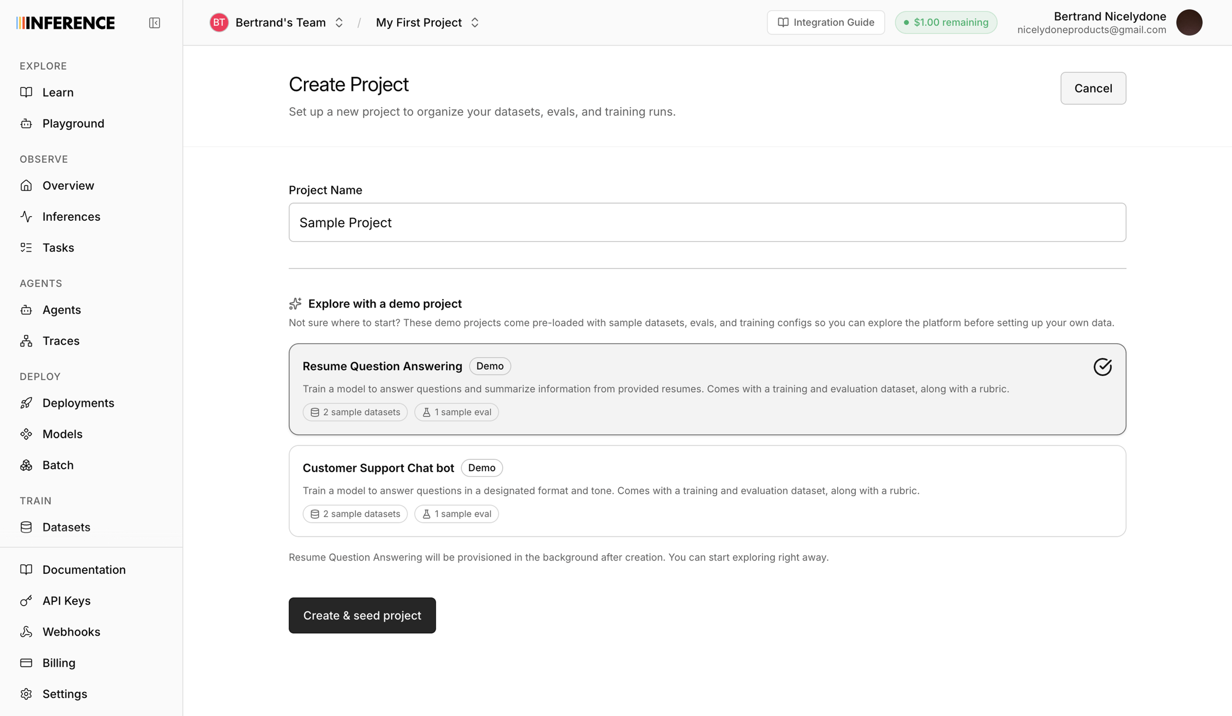 Inference - Dashboard | inference.net screen