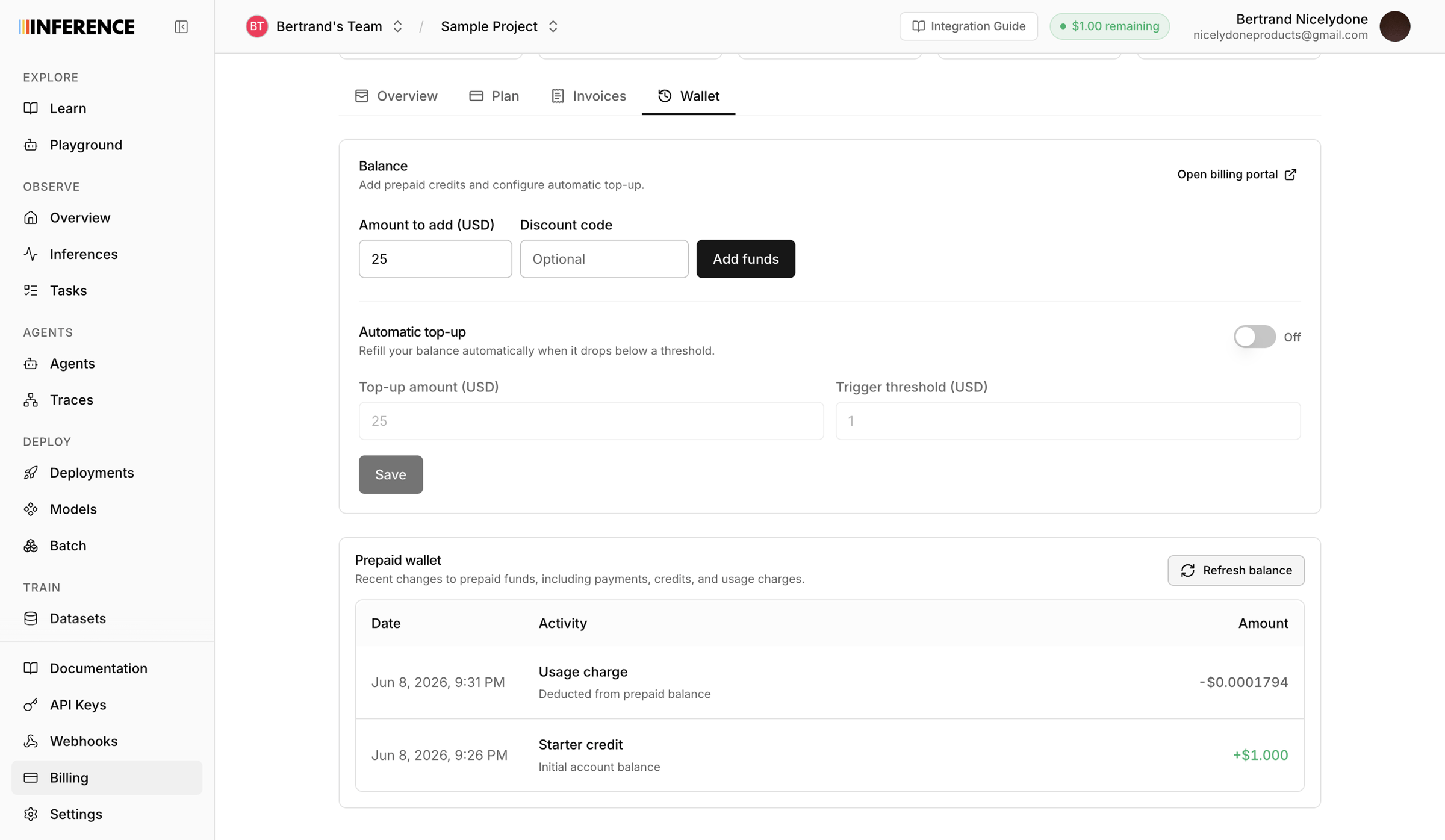 Inference - Dashboard | inference.net screen