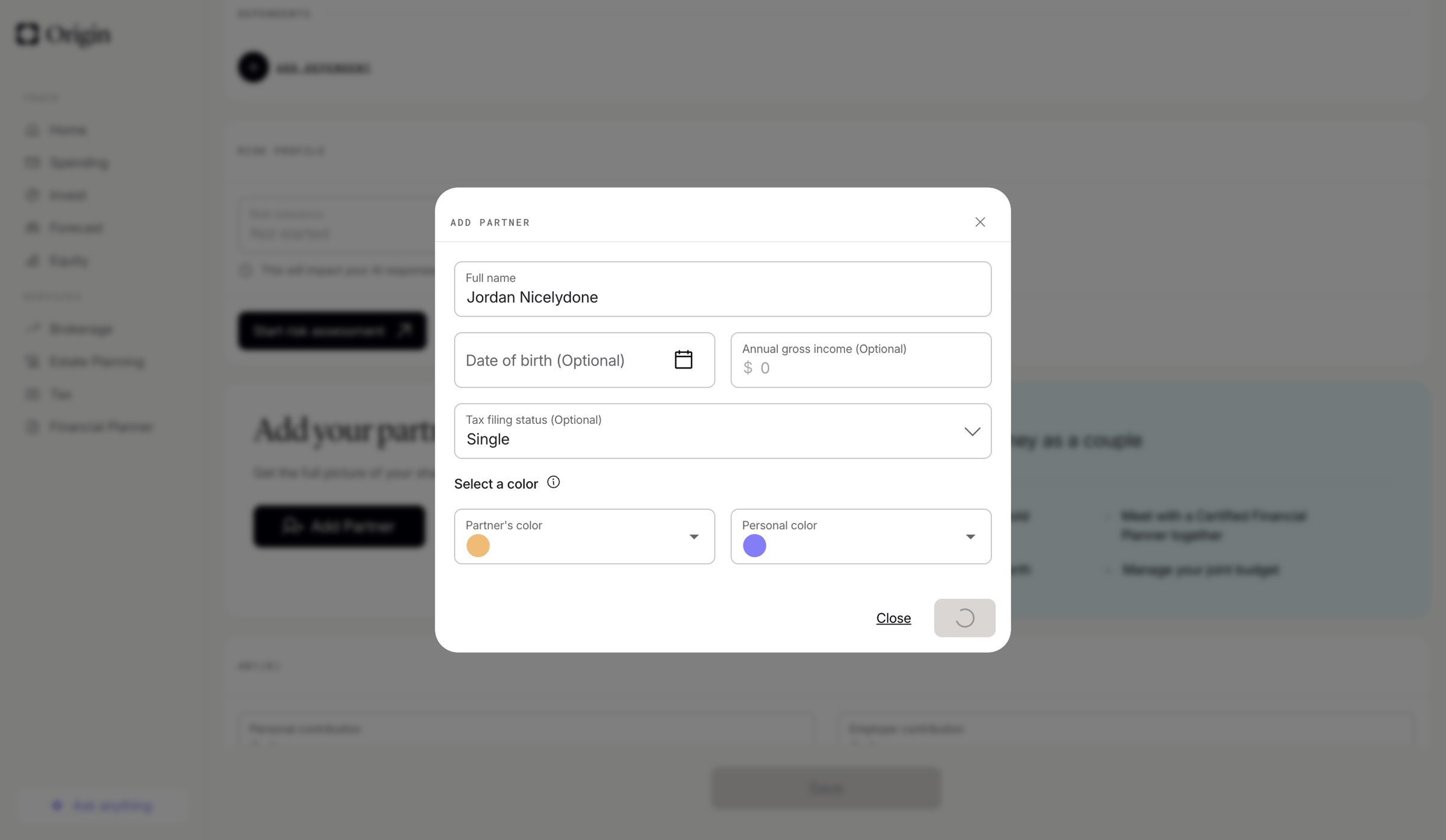 Origin Financial screen