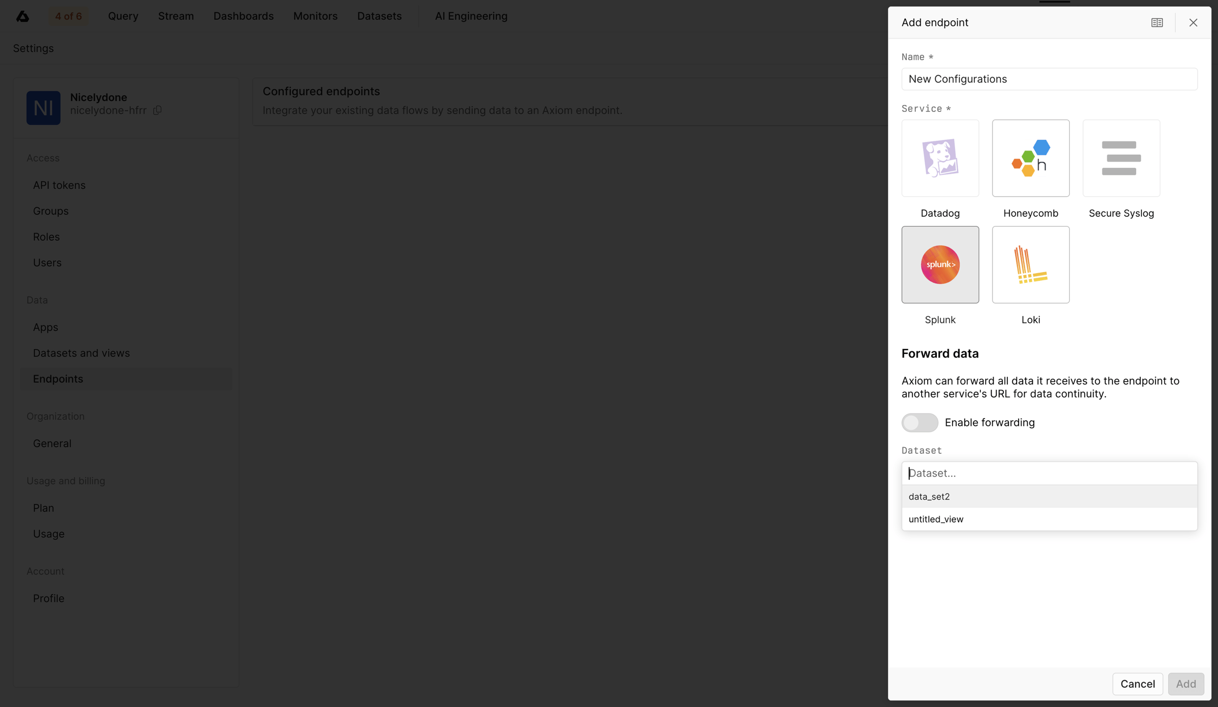 Axiom - Endpoints - Settings - Axiom screen