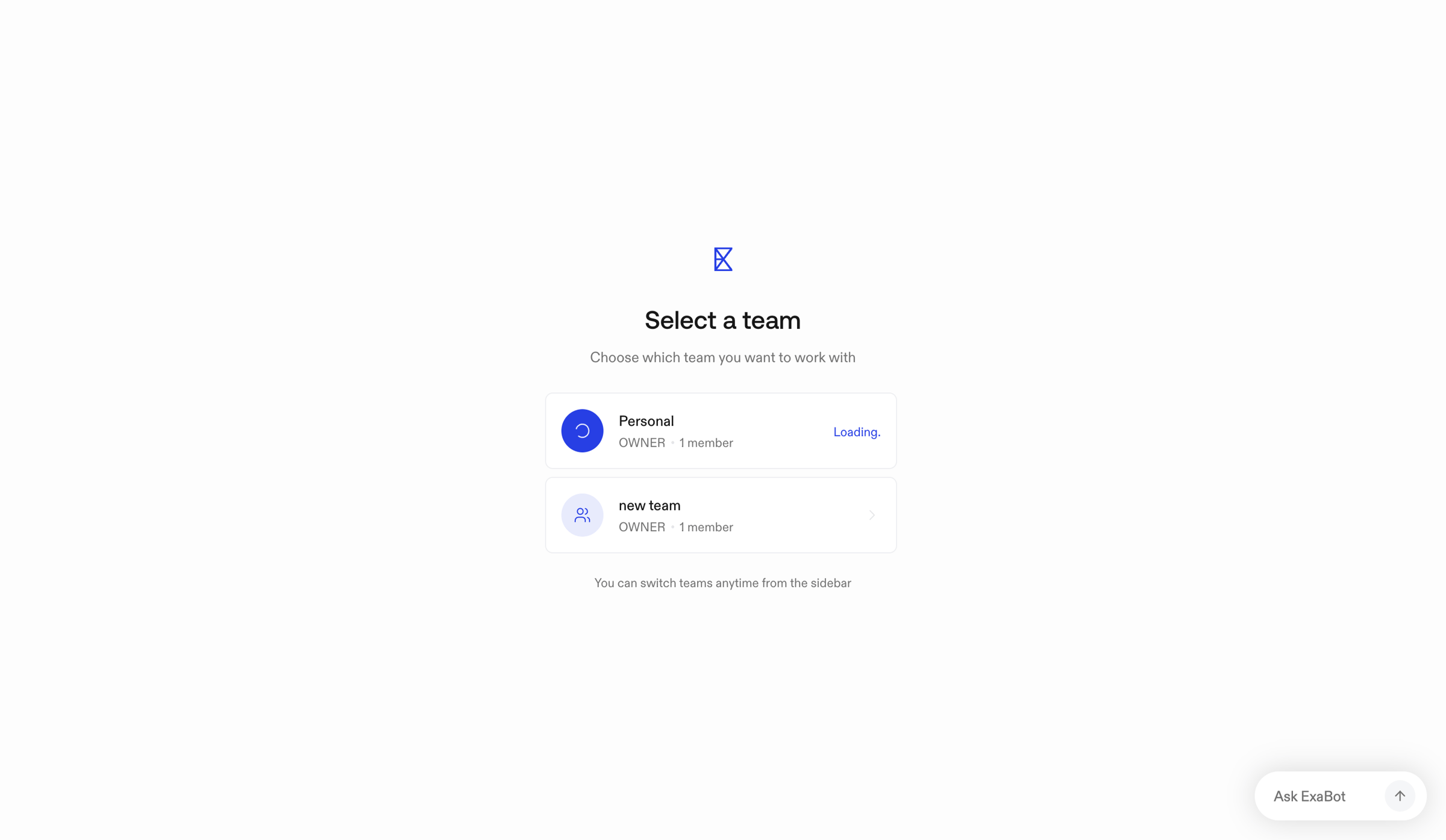 Exa - Select a Team - Exa Dashboard screen