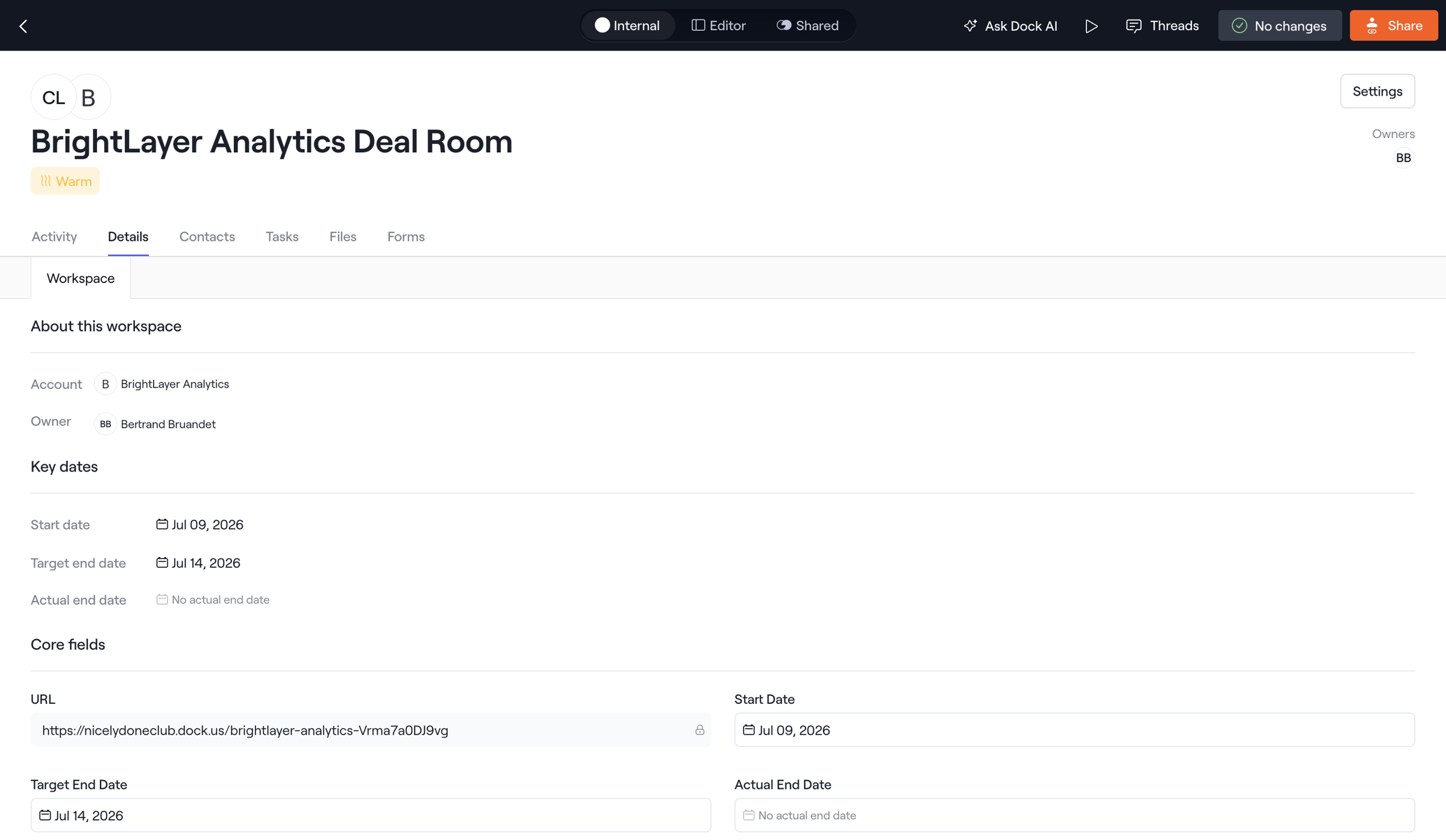 Dock - Internal · BrightLayer Analytics Deal Room screen