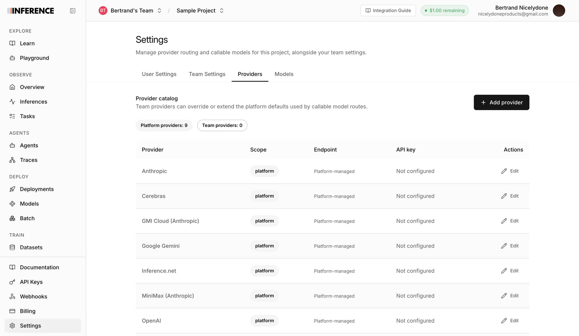 Inference - Settings | inference.net screen