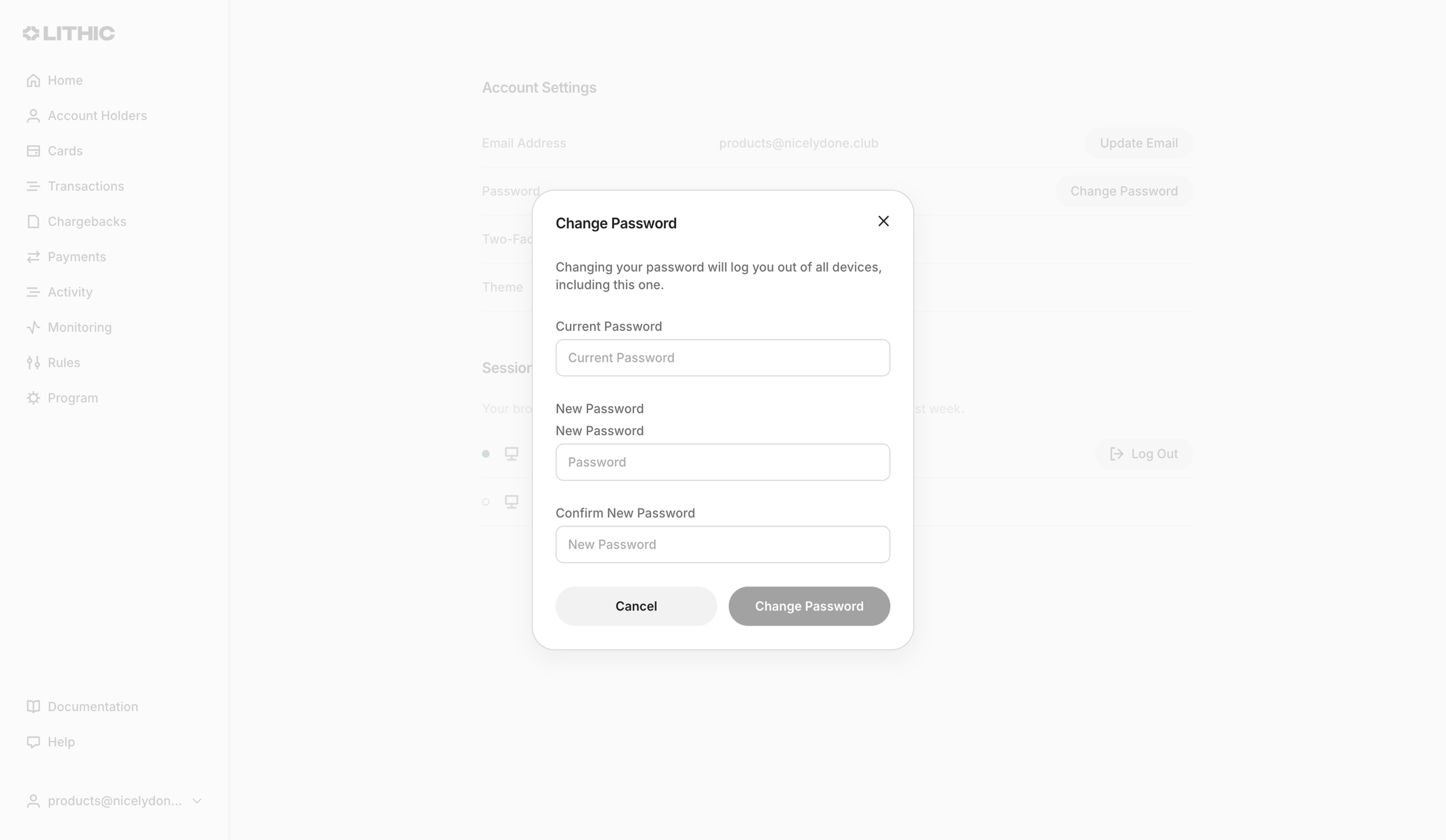 Lithic - Lithic - Account Settings screen