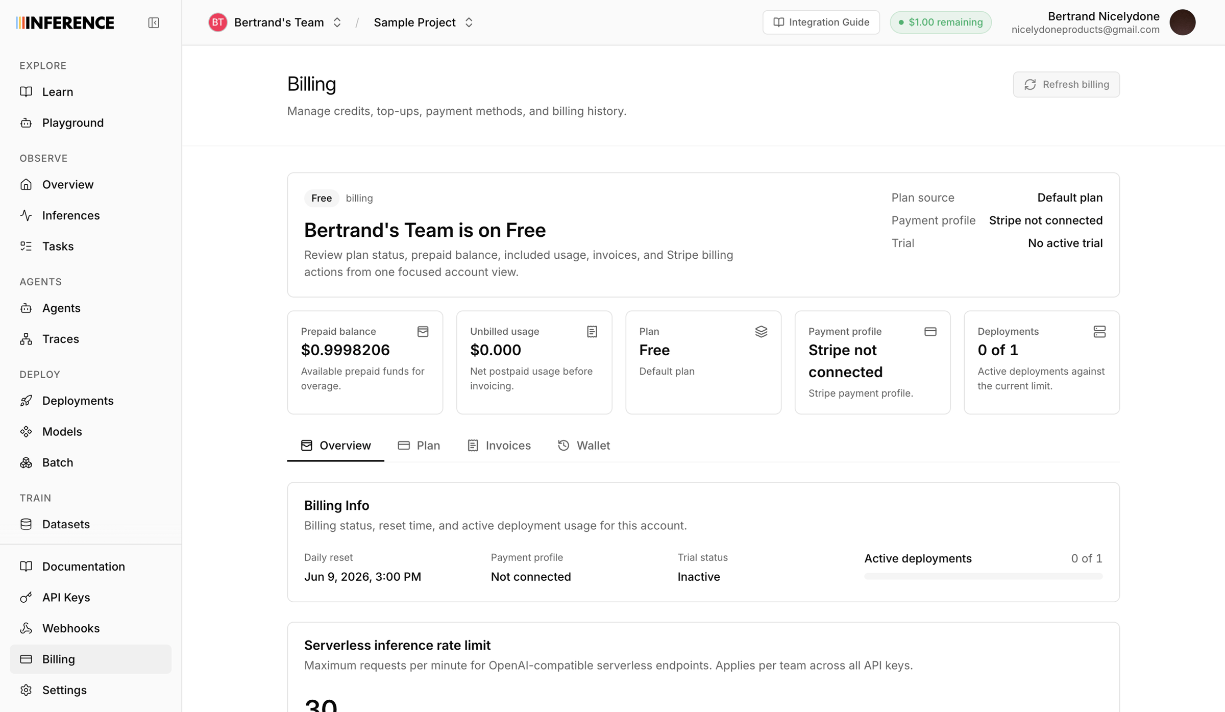 Inference - Dashboard | inference.net screen