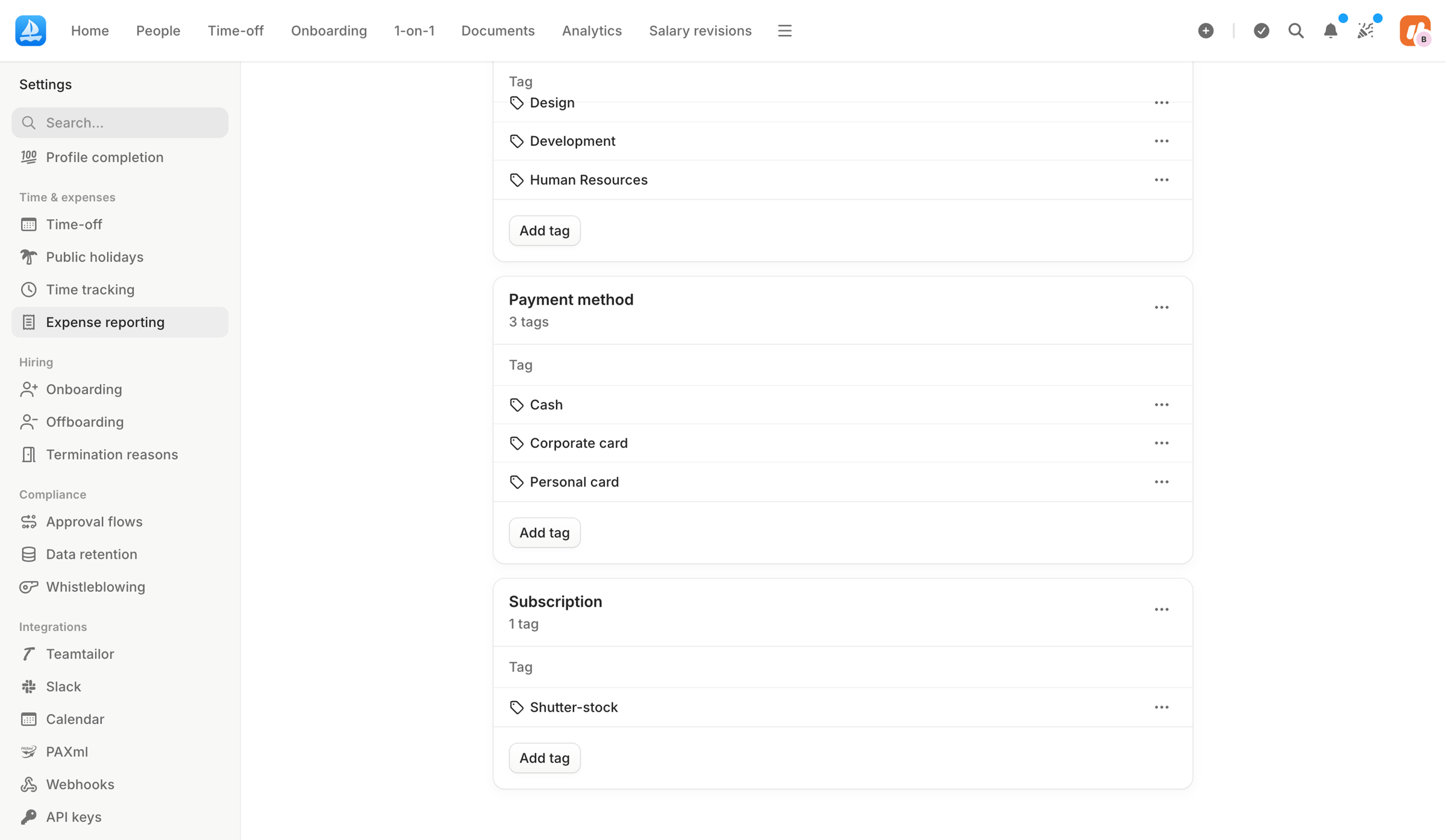 Aboard - Expense reporting tags | Settings | Aboard screen