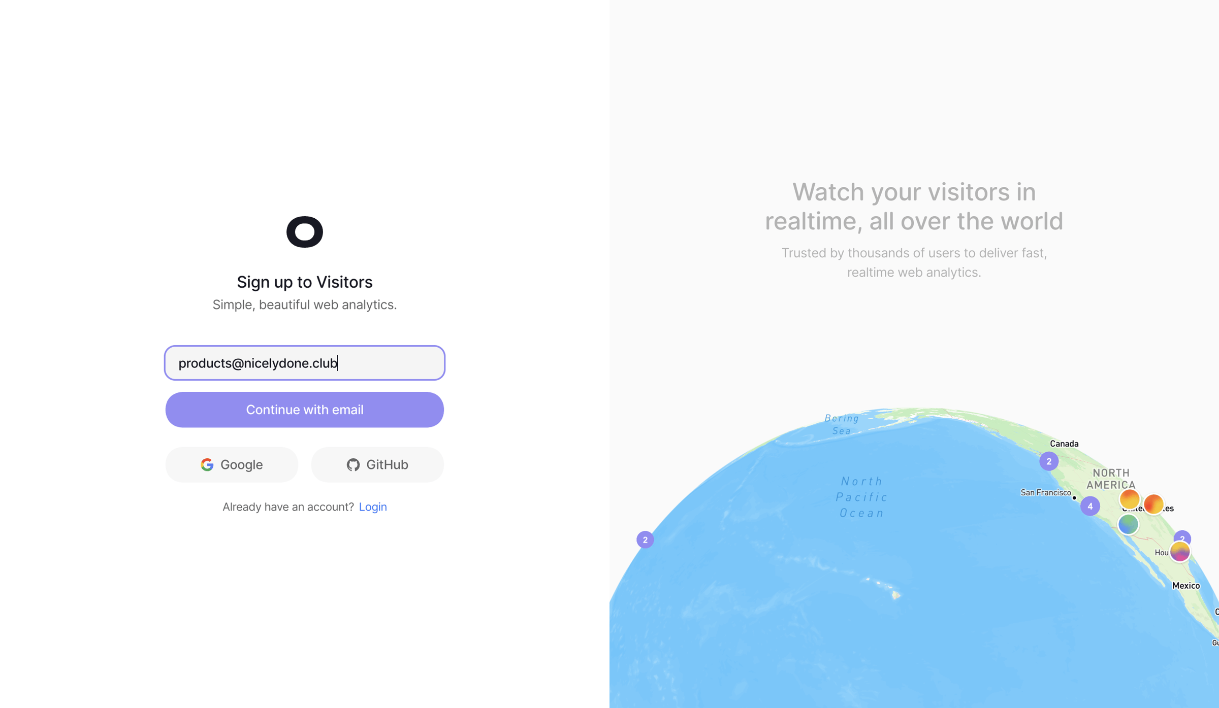 Visitors - Create account - Visitors screen