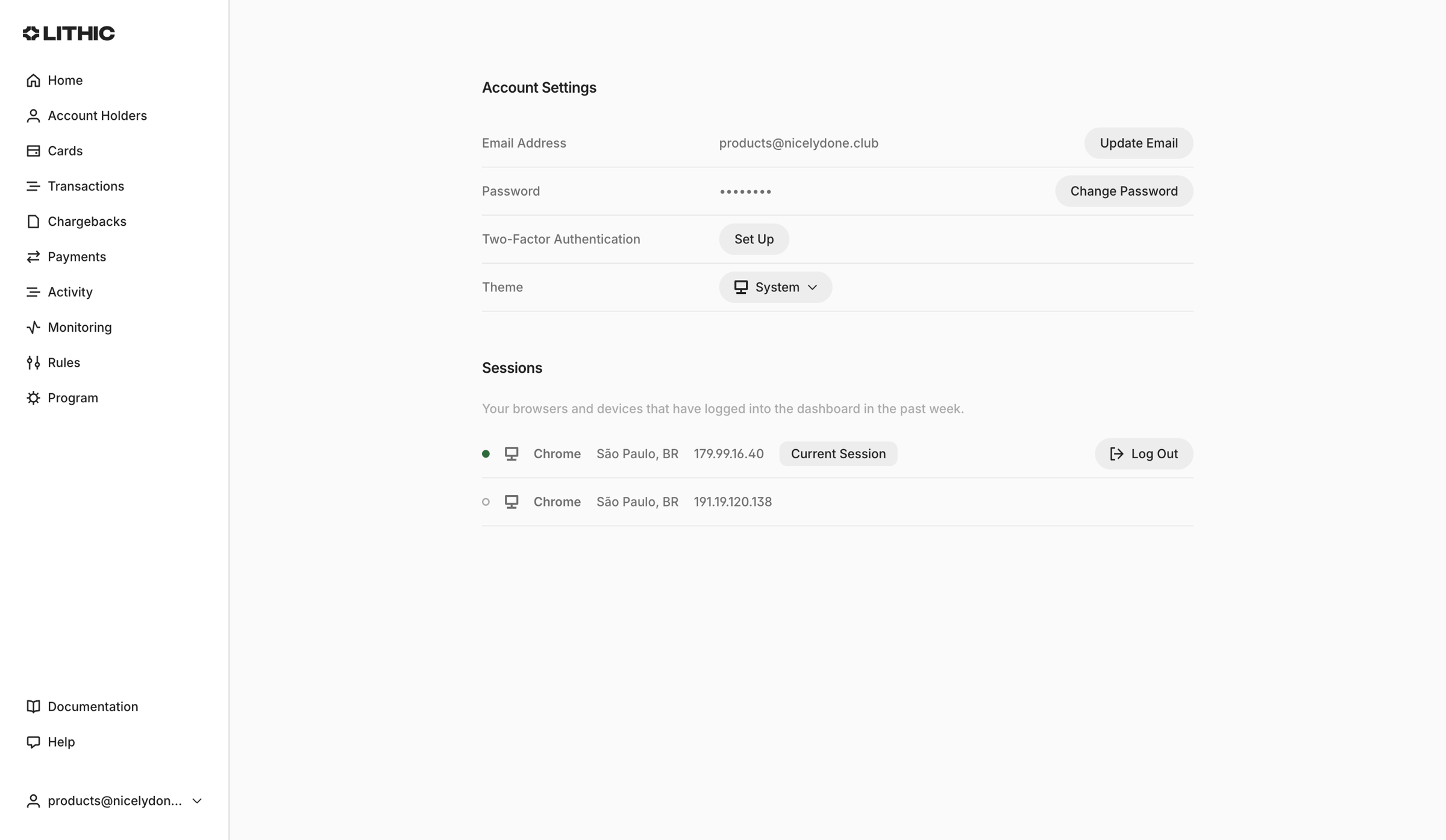 Lithic - Lithic - Account Settings screen