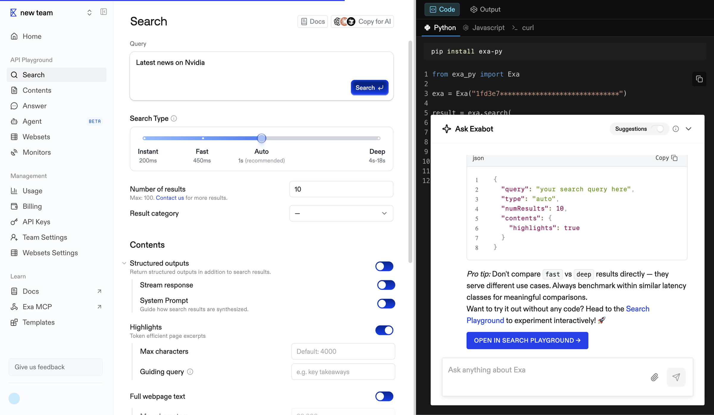 Exa - Playground | Exa API screen