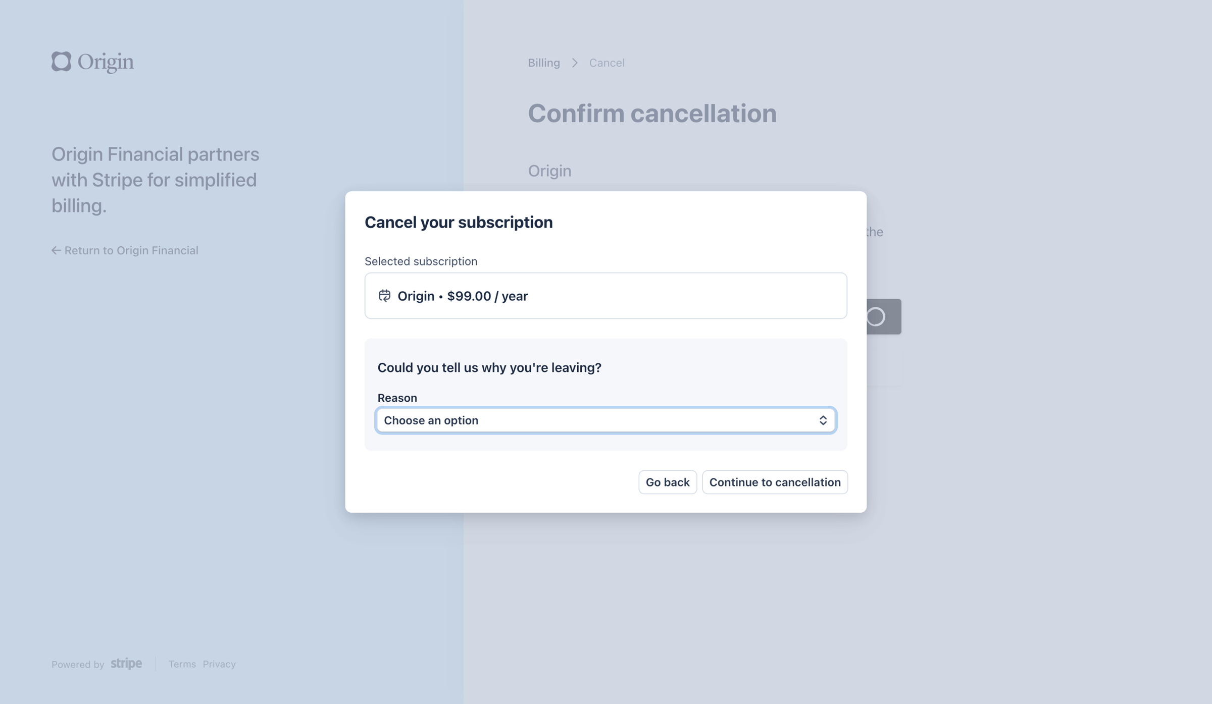Origin Financial - Cancel subscription | Origin Financial Billing screen