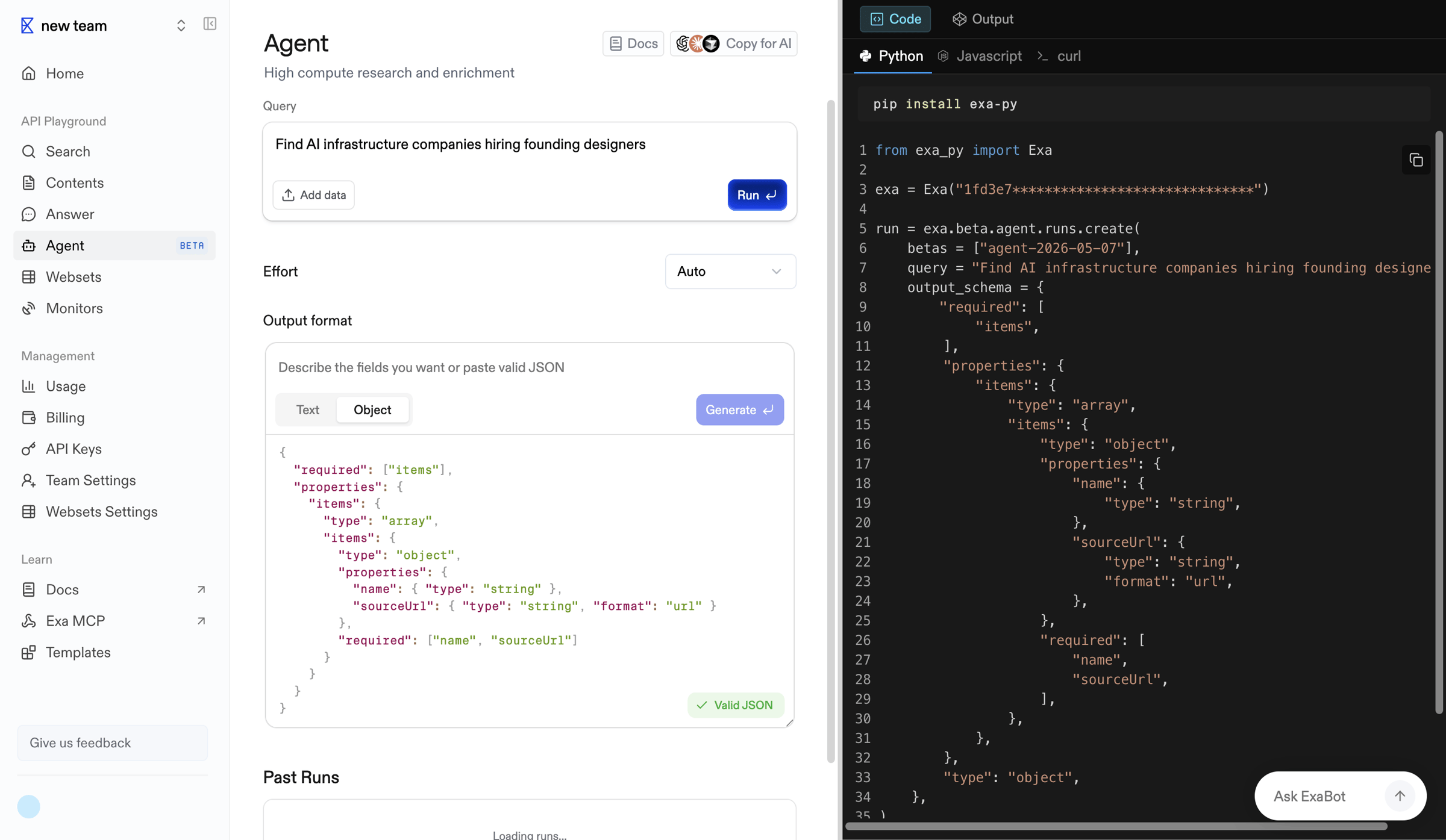 Exa - Playground | Exa API screen