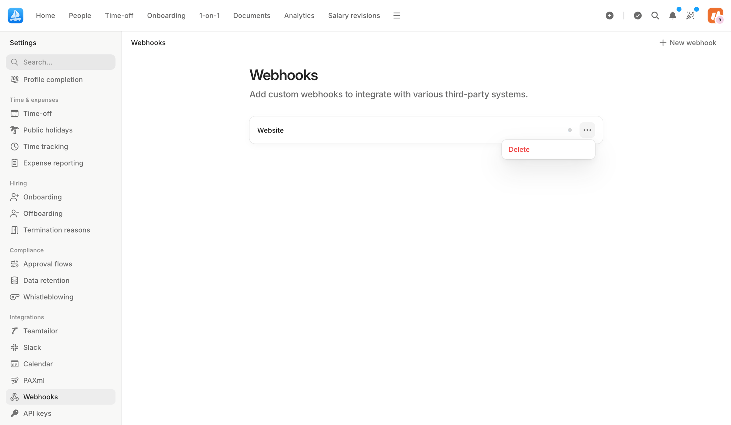 Aboard - Webhooks | Settings | Aboard screen