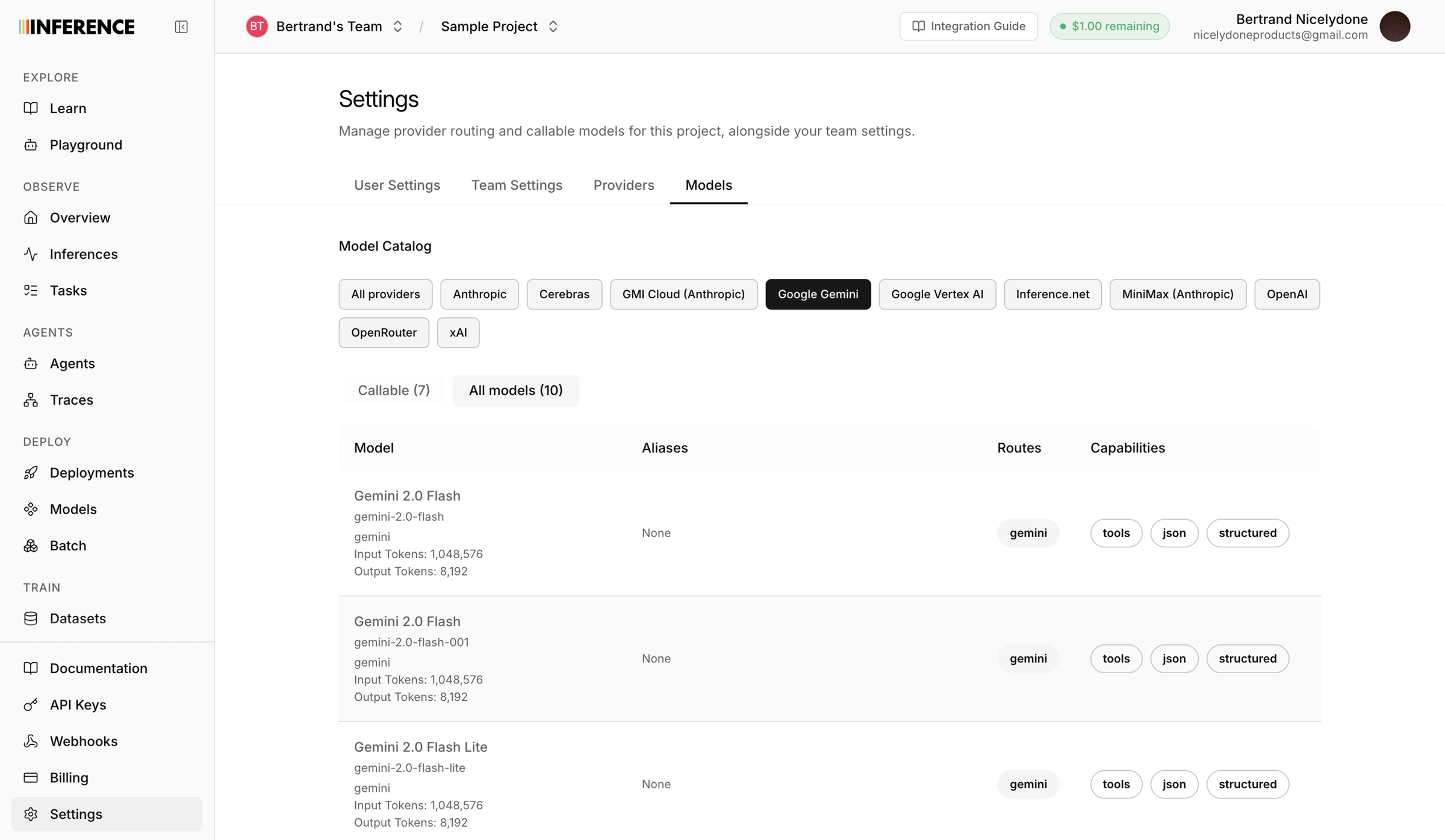 Inference - Settings | inference.net screen
