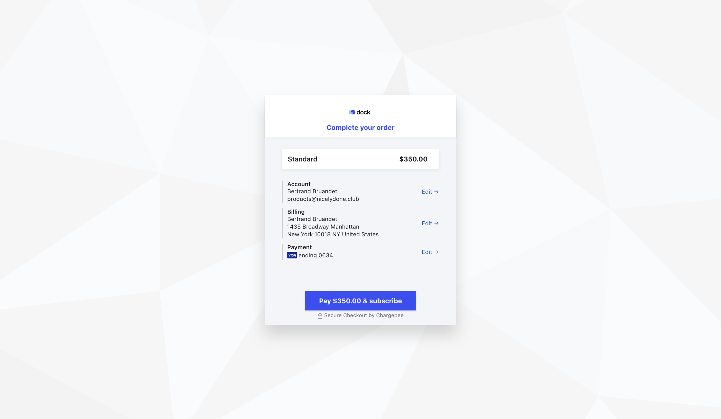 Dock - Chargebee Checkout screen