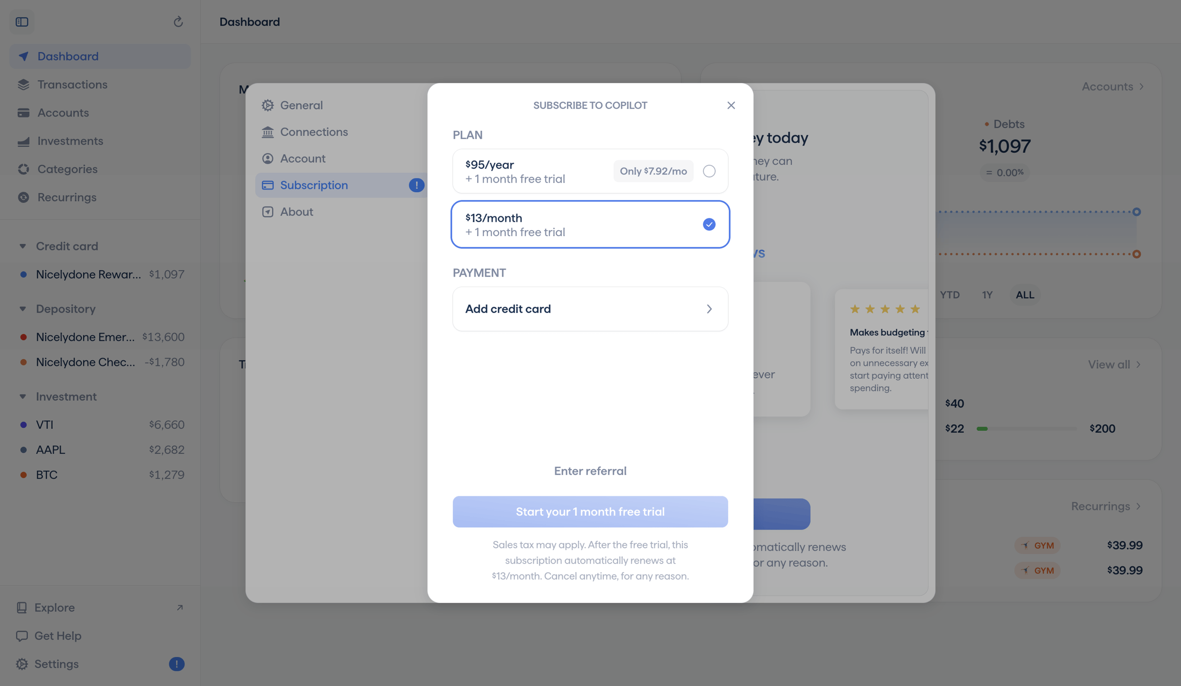 Copilot - Copilot Money | Dashboard screen